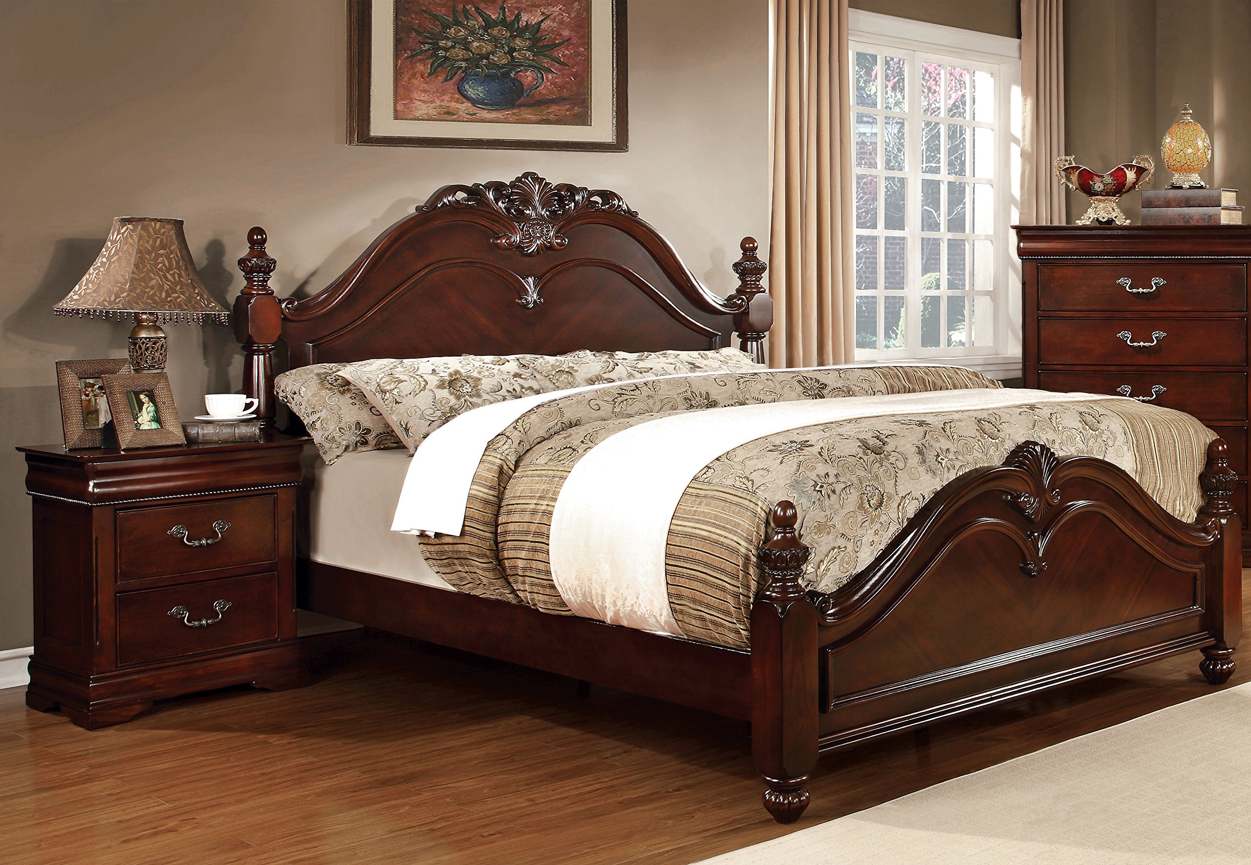 Epperson English Style King Size Bed Set with 2 Nightstands - Cherry Wood Bedroom Furniture for Master Bedroom | Box Spring Required | Classic Home Decor for Luxurious Sleeping Experience