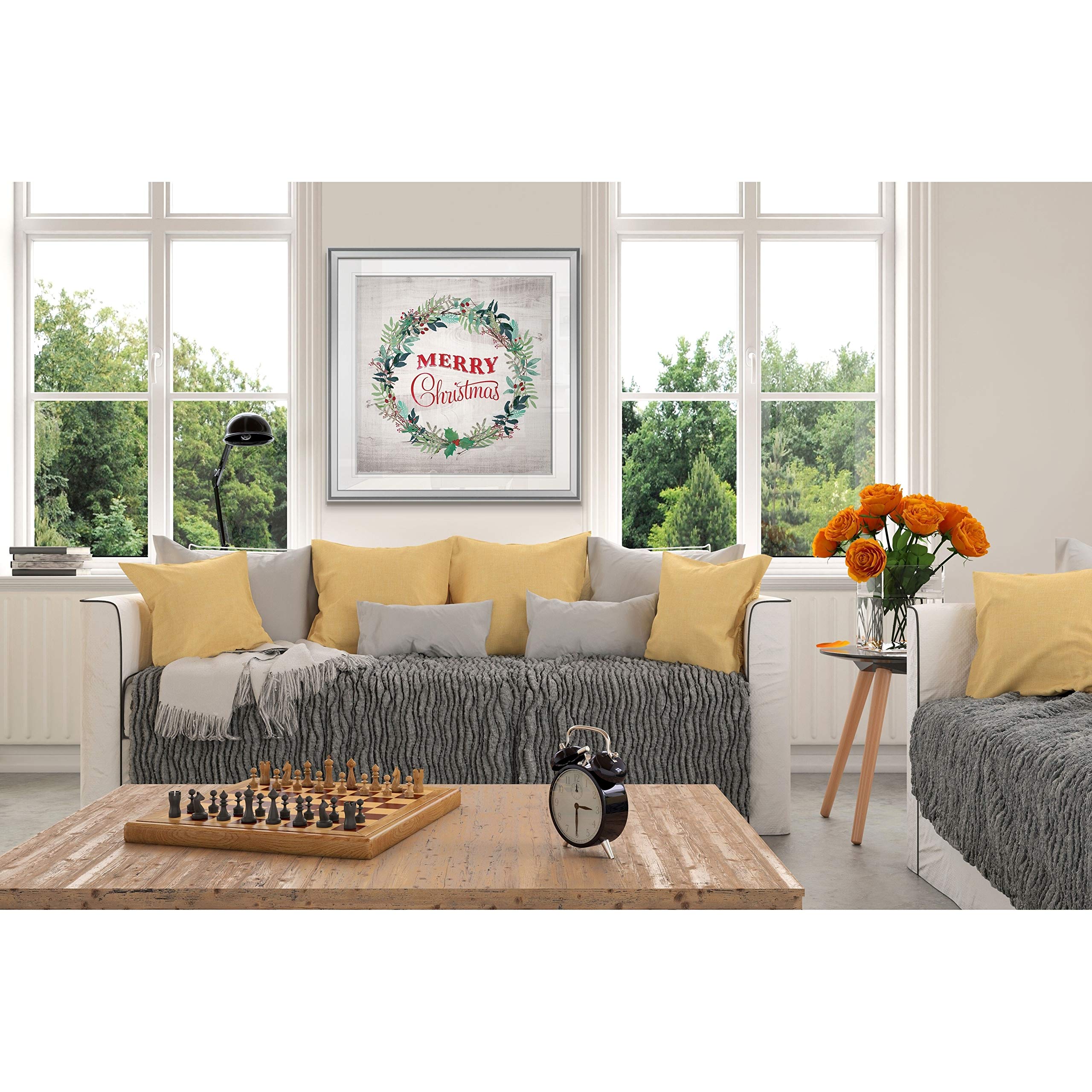 Wexford Home Merry Christmas Wreath - Custom Framed Holiday Wall Art Print in Blue, White, Grey, Yellow, Green, Silver & Gold - 38x38 Inch Christmas Decor for Living Room, Front Door & Holiday Party Decoration