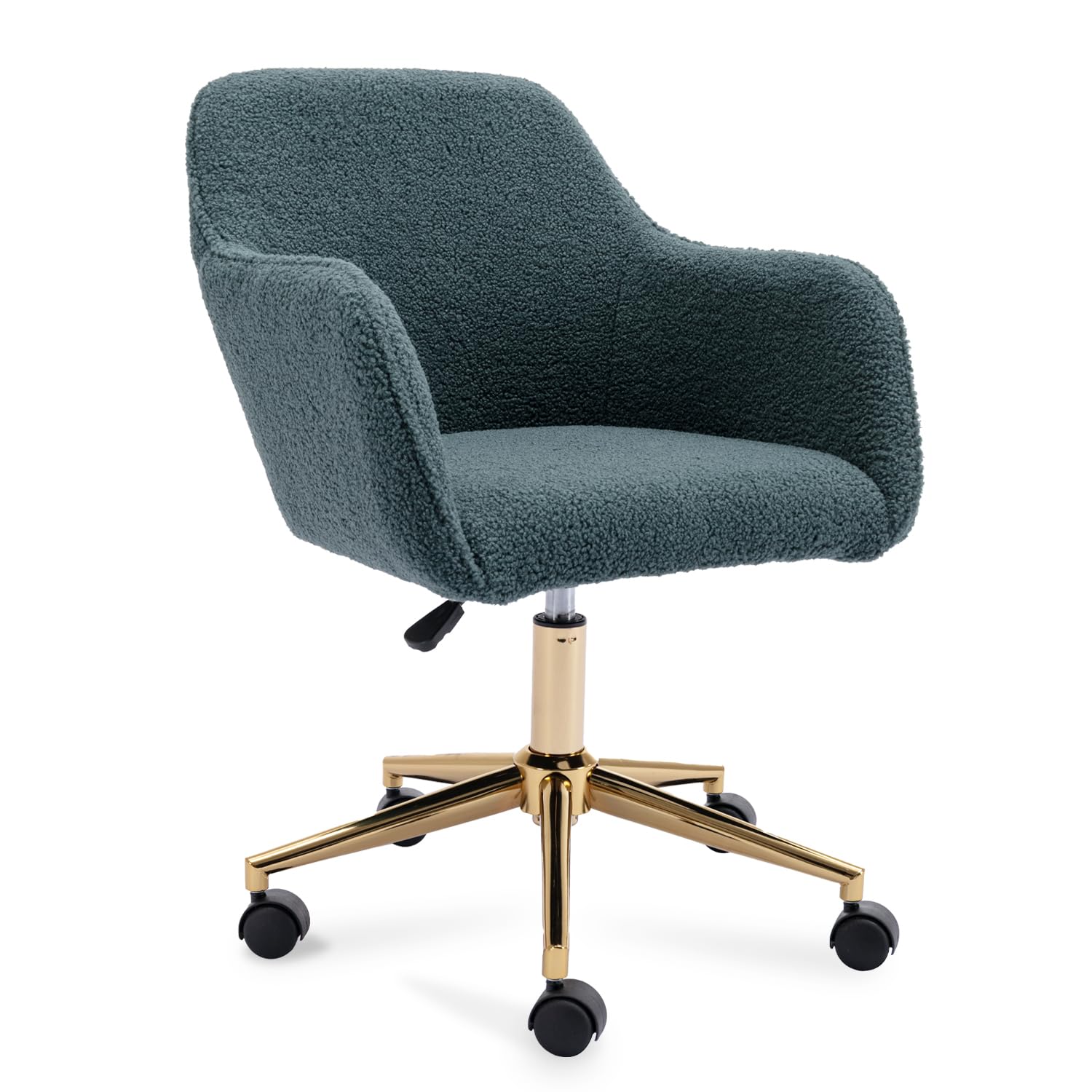 Teddy Fabric Home Office Chair - Cute Swivel Desk Chair with Wheels, Modern Rolling Adjustable Vanity Chair with Gold Base for Home Office, Vanity Room, Bedroom - Perfect for Work from Home, Gaming, and Makeup Station