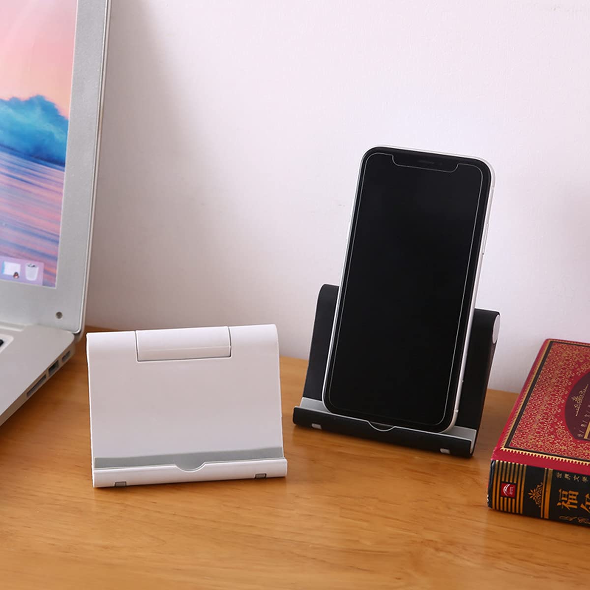 2 Pack Adjustable Phone Stand for Desk - Universal Foldable Multi-Angle Cell Phone & Tablet Holder (Black+White) | Perfect for Home Office, Watching Videos & Video Calls