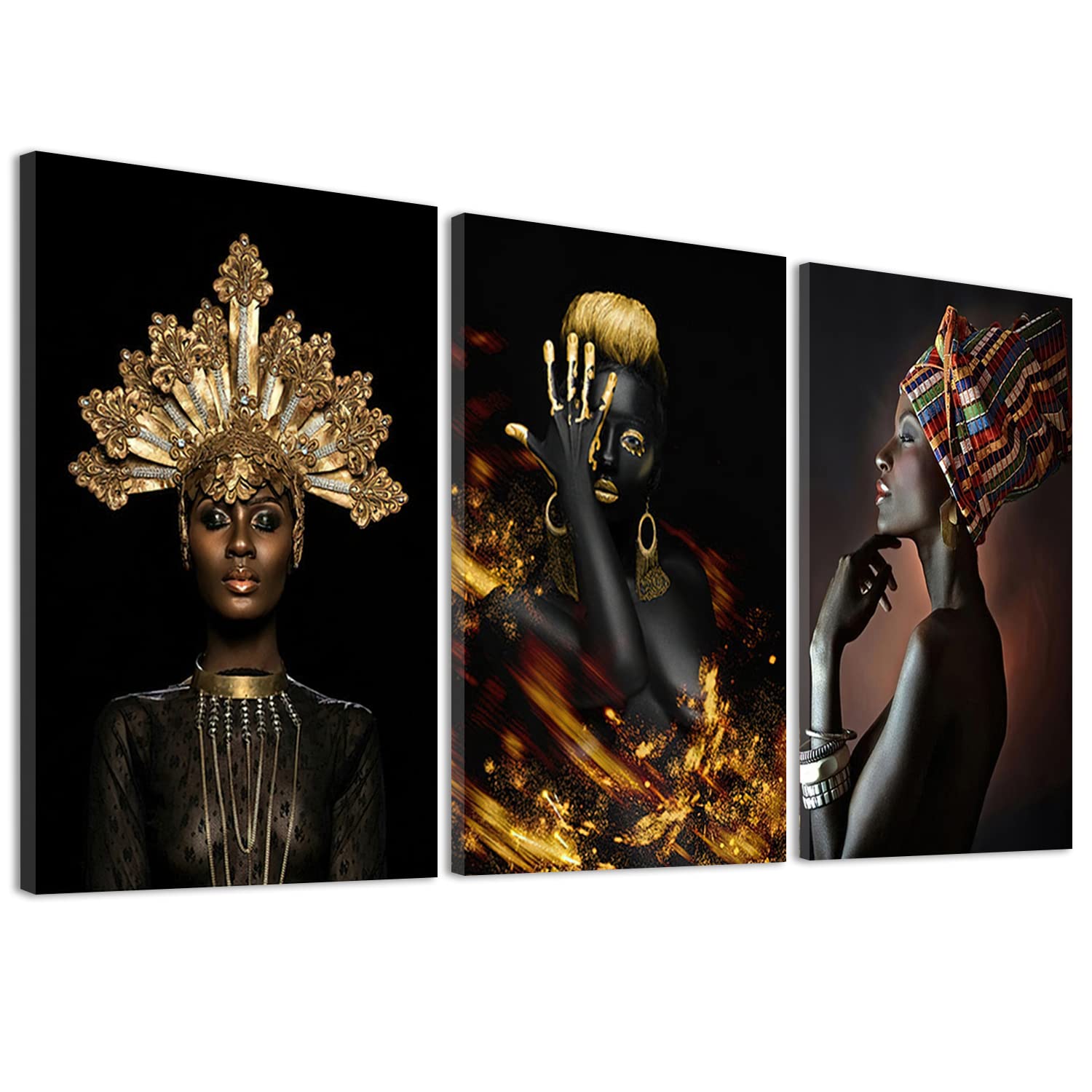 3-Piece Large Black Women with Gold Jewelry Canvas Wall Art Set - African Beauty Framed Prints (16x24 Inch) for Living Room, Office & Bedroom Decor | Modern Home & Office Wall Decorations