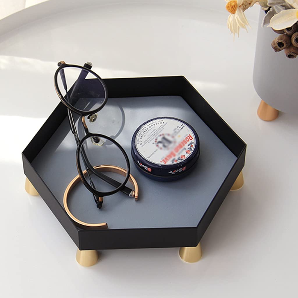 Hexagon Acrylic Leather Tray - Jewelry Organizer & Catchall Basket for Coffee Table, Desk, Nightstand, or Dresser | Perfect for Keys, Wallets, Phones & Snacks | Blue Home Decor Storage Solution