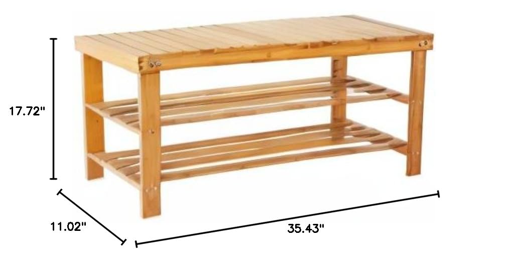 3-Tier Bamboo Shoe Rack Bench with Strip Pattern - Entryway Shoe Organizer & Storage Shelf for Hallway, Bathroom, Living Room & Corridor - Space-Saving Natural Wood Shoe Storage Solution for Small Apartments and Closet Organization