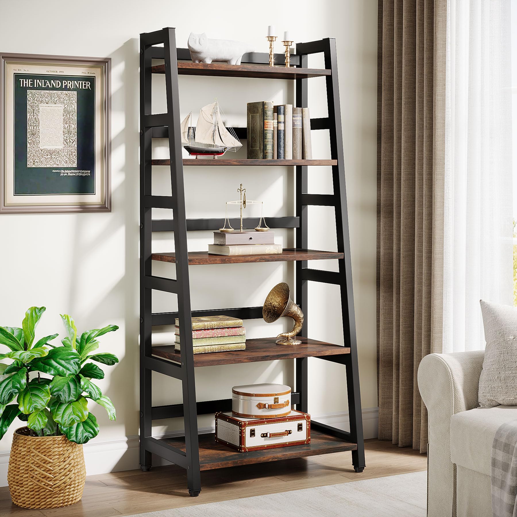 Tribesigns 5-Tier Industrial Bookshelf - Sturdy Ladder Bookcase with 5 Shelves for Home Office, Living Room Storage & Organization - Perfect for Displaying Books, Decor & Plants in Modern Spaces