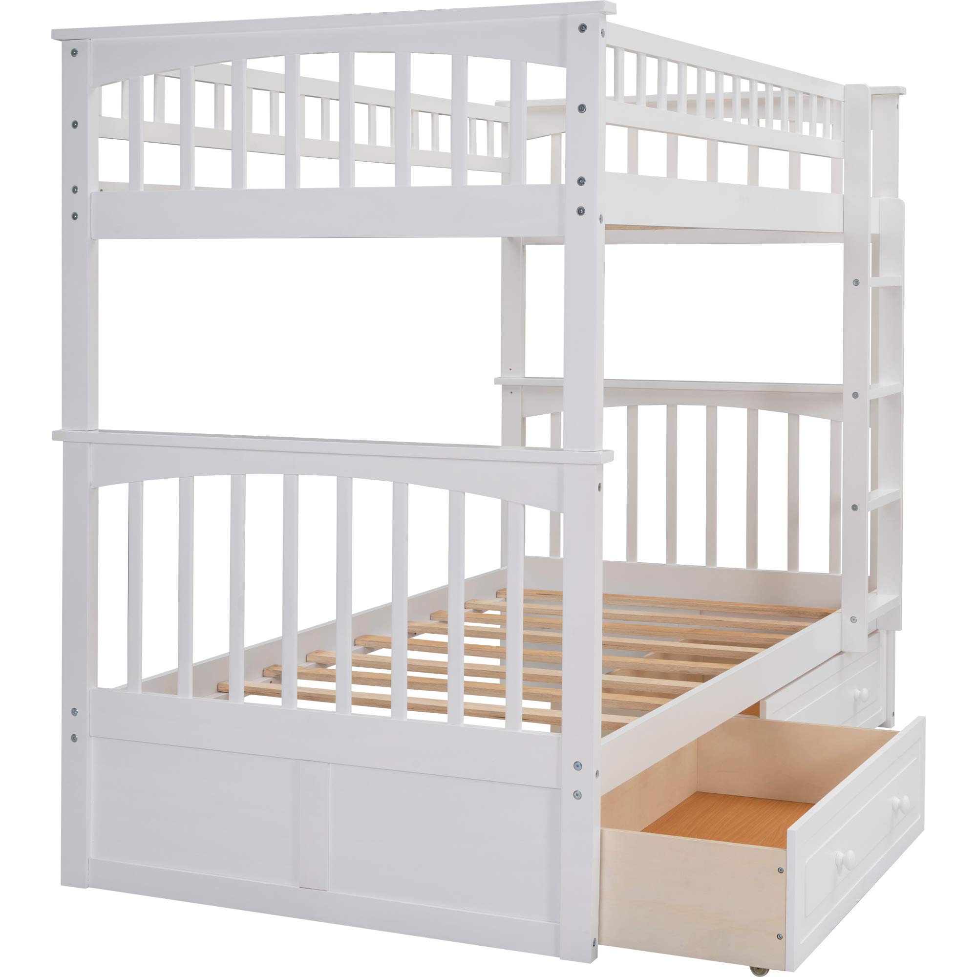 **Solid Wood Bunk Bed with Storage Drawers & Ladder - Twin Size, White - Space-Saving Kids, Teens & Adults Bed for Small Rooms, Dorms & Guest Rooms**