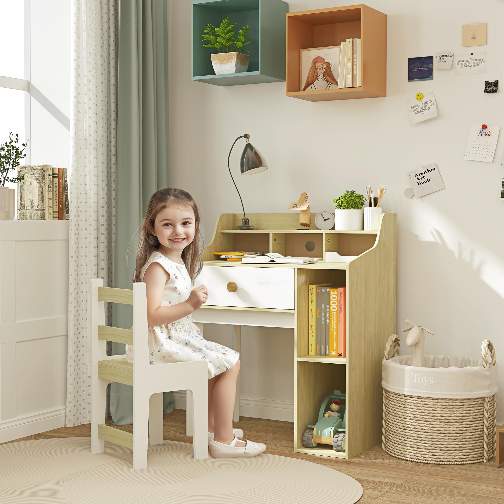 Qaba Kids Study Desk and Chair Set with Storage Shelves & Drawer - Adjustable Height Children's Desk for Ages 3-10 - White - Perfect for Homeschooling, Online Learning & Bedroom Study Space