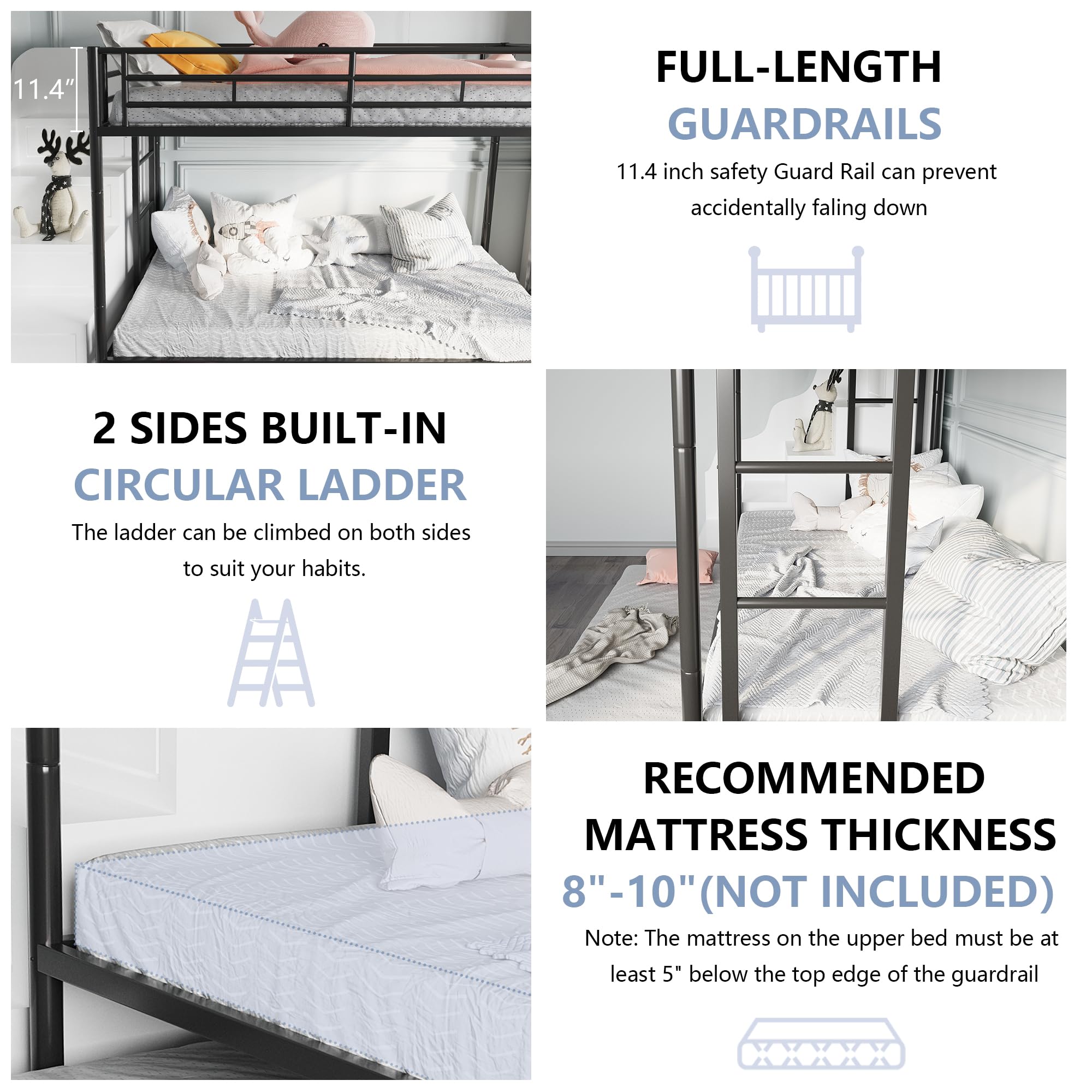 Metal Twin Over Twin Bunk Bed with 2 Secure Ladders & Trundle Daybed - Space-Saving Loft Bed Frame with Safety Rails, Quiet Design for Small Rooms - Perfect for Kids' Bedrooms, Guest Rooms & Dormitories (Black)
