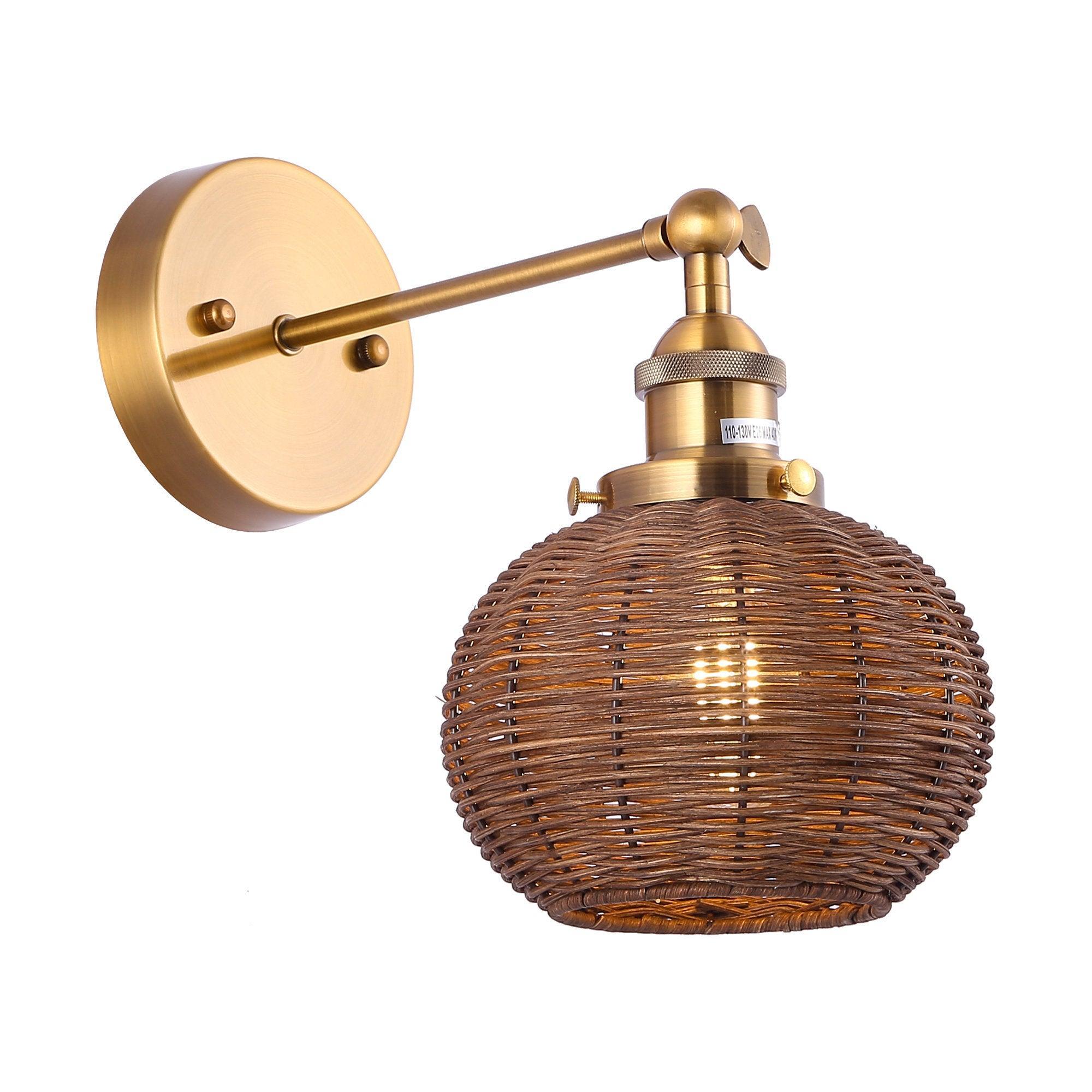 Vintage Rattan Wall Sconce Light - Golden Traditional 1-Light Fixture for Bedroom, Living Room & Hallway Decor