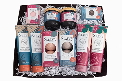 **Saavy Naturals 10-Piece Organic Spa Gift Basket for Women - Tahitian Vanilla Scented All-Natural Bath & Body Set | Perfect for Birthdays, Mother's Day & Relaxation Gifts**