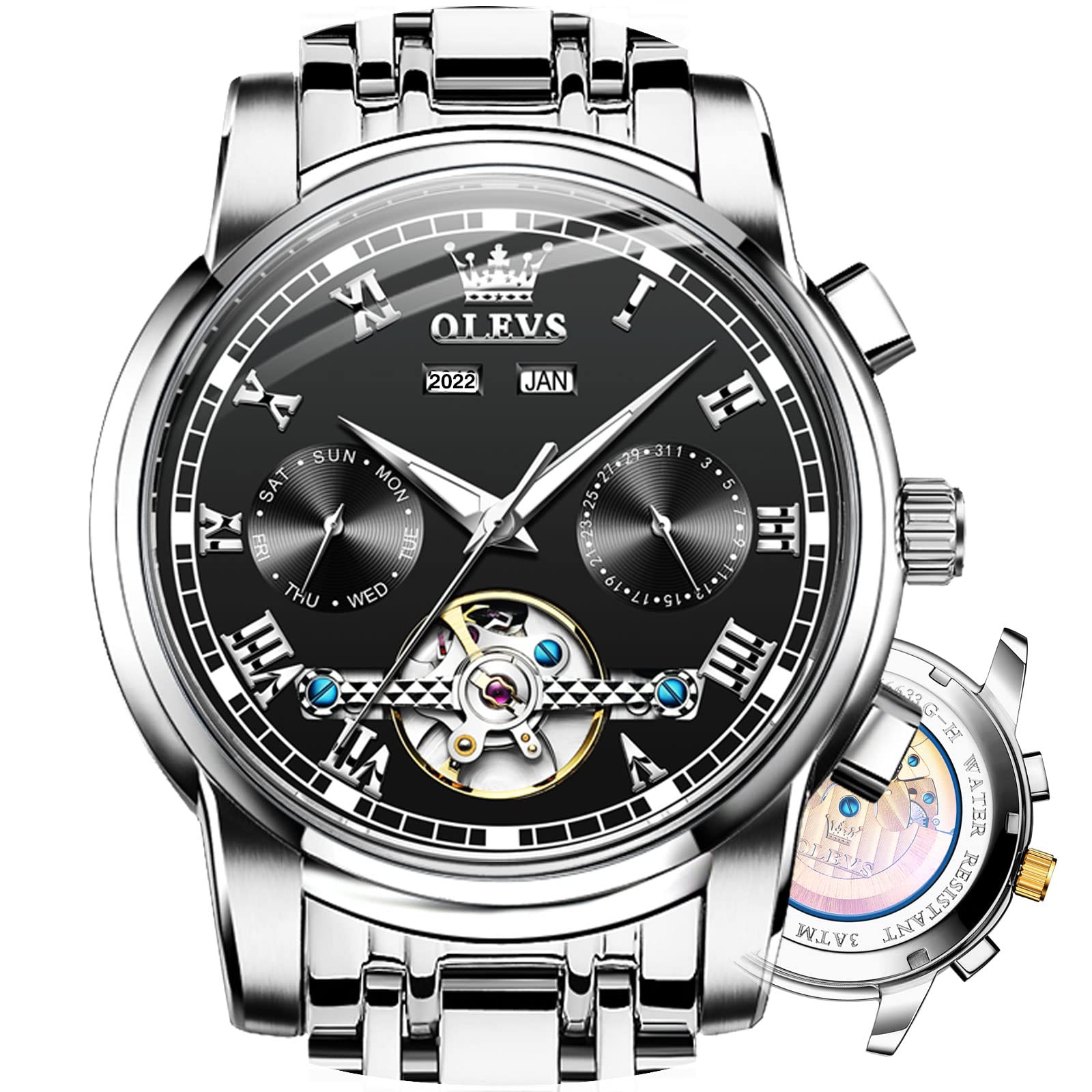 OLEVS Automatic Self-Winding Men's Watch - Stainless Steel Luxury Chronograph with Day/Date/Month/Year & Moon Phase Display, Luminous Hands, Waterproof - Perfect for Business, Formal Events & Gift Giving