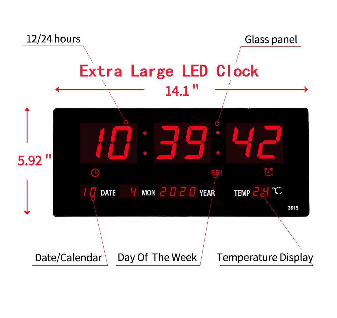 14.1 Inch Large LED Digital Wall Clock with Calendar, Temperature, Date & Day Display - Electric Wall Mount or Desk Clock (Red) - Perfect for Home, Office, Classroom & Bedroom Decor