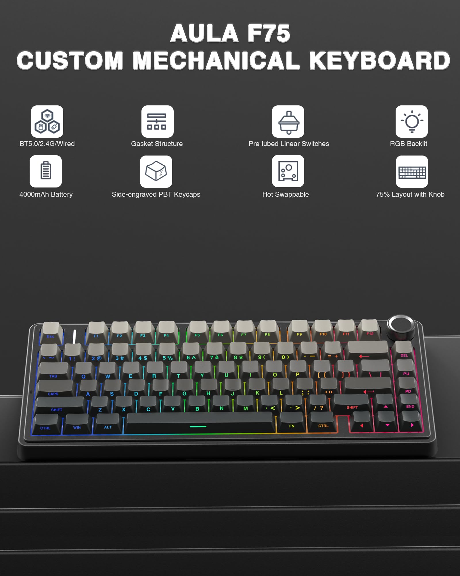 AULA F75 Wireless Mechanical Keyboard - 75% RGB Backlit for Gaming & Work