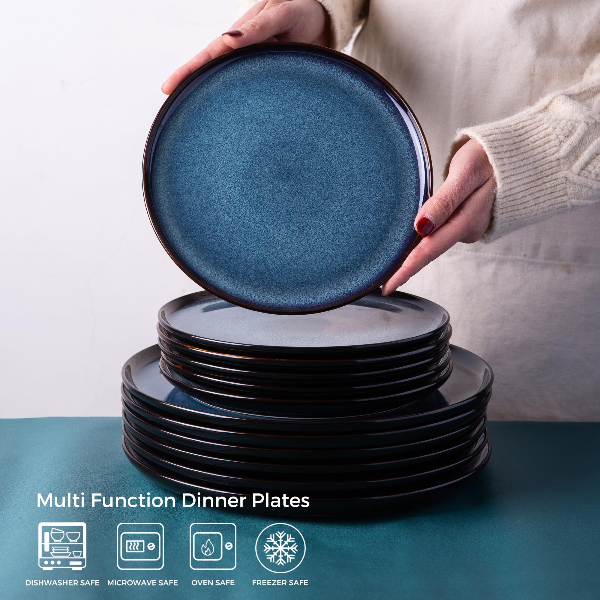 4-Pack 10.5 Inch Ceramic Dinner Plates Set - Reactive Glaze Porcelain Dishes, Microwave & Dishwasher Safe, Scratch Resistant Modern Dinnerware - Perfect for Home Dining, Restaurants & Entertaining (Blue)