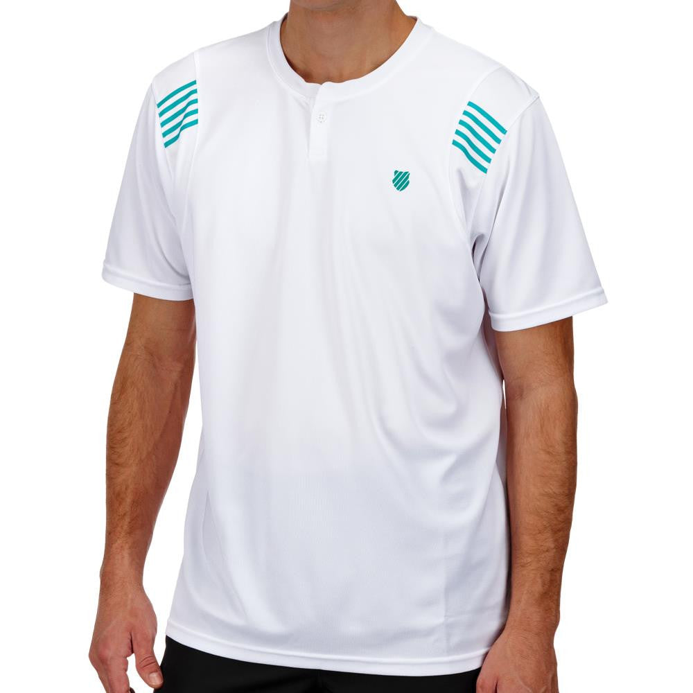 K Swiss Men's B2 Henley Crew T-Shirt - White & Green Cotton Casual Shirt for Everyday Wear, Gym, and Outdoor Activities