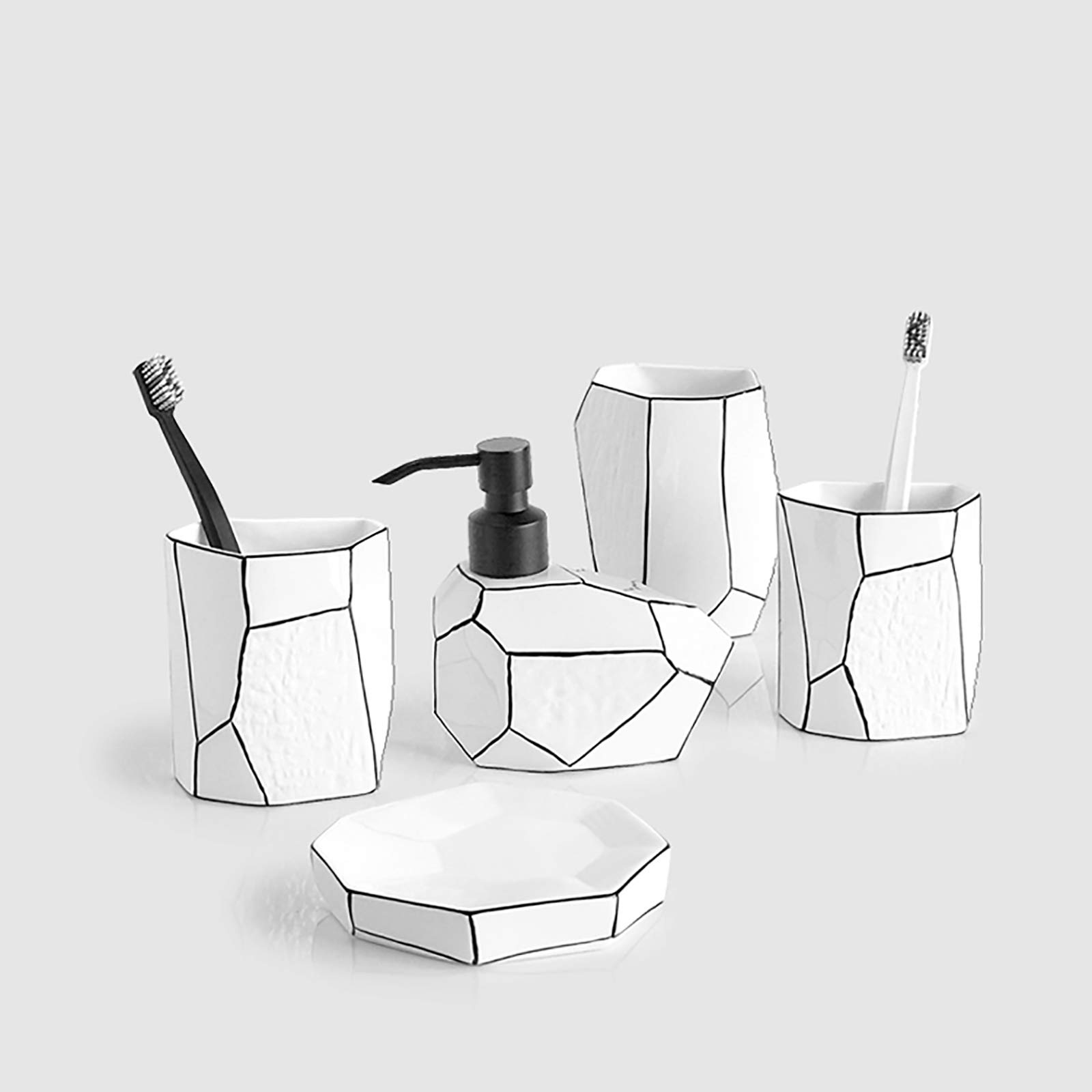 QWASZ 5-Piece Ceramic Bathroom Countertop Set - Soap Dispenser, Soap Dish, Toothbrush Holder & 2 Cups | Modern Bath Accessories for Vanity Organization | Perfect for Bathroom, Guest Room & Spa Decor