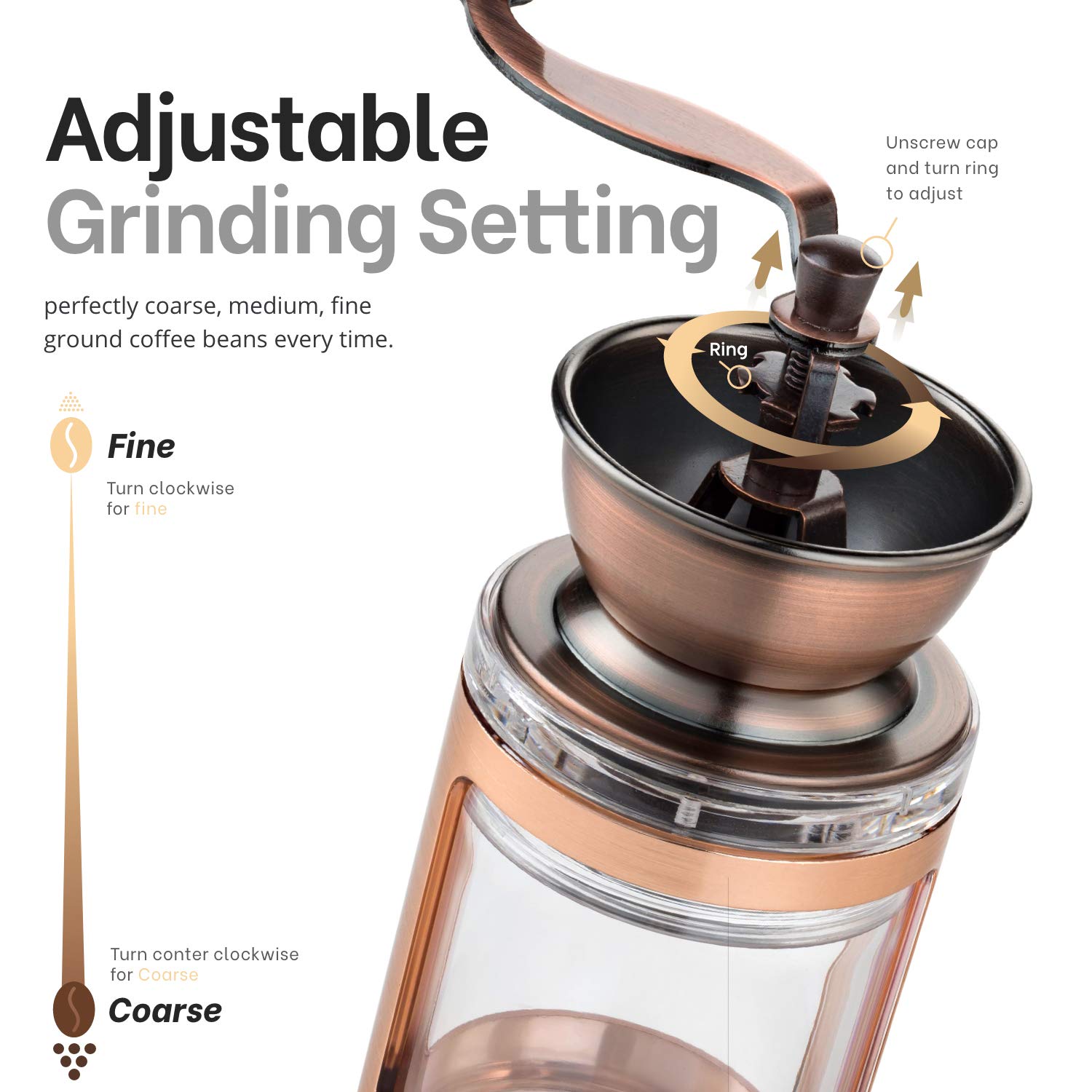 Premium Adjustable Manual Coffee Grinder for French Press, Espresso & Turkish Coffee - Hand Crank Burr Mill for Fresh Ground Beans | Perfect for Home, Office, Camping & Travel | Ideal Gift for Coffee Lovers