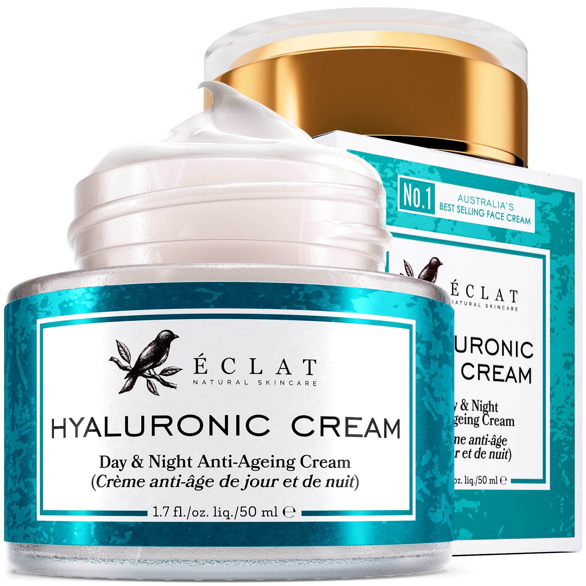 Eclat Skincare Hyaluronic Acid Moisturizer - Anti-Aging Face Cream with Vitamin C & Hyaluronic Acid, Hydrating Facial Moisturizer for Women & Men, Day & Night Cream for Wrinkles & Dry Skin - 1.7 fl oz - Perfect for Daily Skincare Routine & Travel-Friendly Size