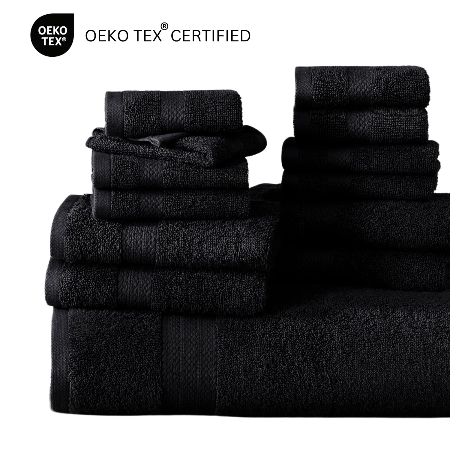 Premium 6-Piece 100% Cotton Bath Towel Set - Ultra Soft & Absorbent Bath, Hand & Face Towels for Spa, Gym & Luxury Bathroom (2 Bath Towels, 2 Hand Towels, 2 Washcloths) - Black