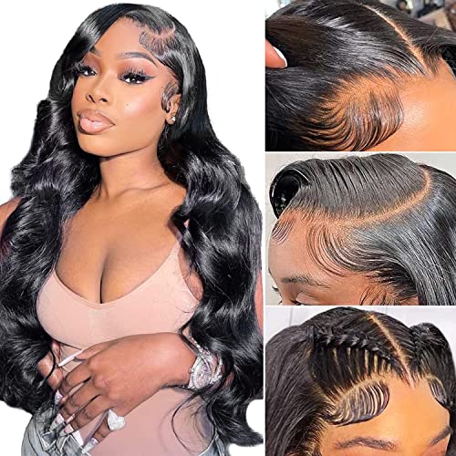13x4 Body Wave Lace Front Human Hair Wigs for Black Women - Glueless Pre-Plucked 180% Density Natural Black Wig (16 Inches) for Daily Wear, Parties & Special Occasions