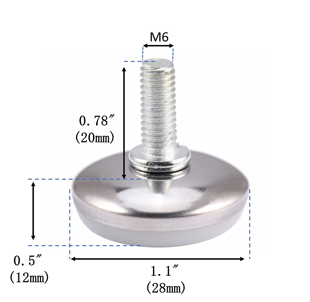 20 PCS M6 x 20mm Adjustable Furniture Leveling Glides - Screw On Feet with 1.1 inch (28mm) Base Diameter for Sofa, Table & Chair Legs - Perfect for Uneven Floors & Home Office Furniture