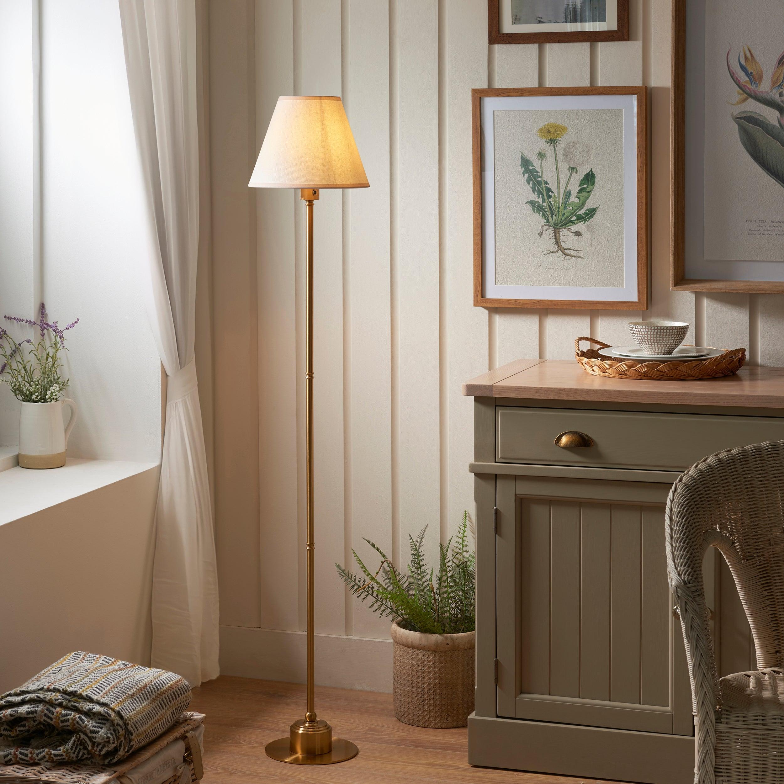 Vintage Brass Floor Lamp with Rechargeable Battery & 25cm White Shade - Perfect for Living Room, Bedroom, or Office Lighting Decor