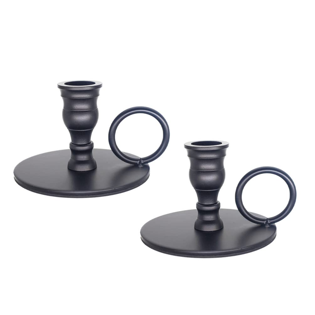 Vintage Iron Black Taper Candle Holders Set of 2 with Handle - Elegant Home Decor Candlestick for Valentine's Day, Wedding, Party & Romantic Candlelight Dinner - Perfect for Table Centerpiece, Fireplace Mantel and Holiday Decorations