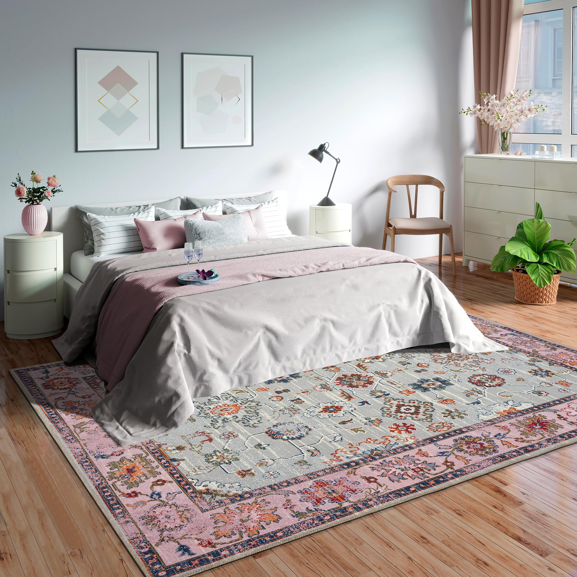 GLN Rugs Traditional Collection - Machine Washable Non-Slip Low Pile Chenille Area Rug for Living Room, Bedroom, Kitchen - 9'5