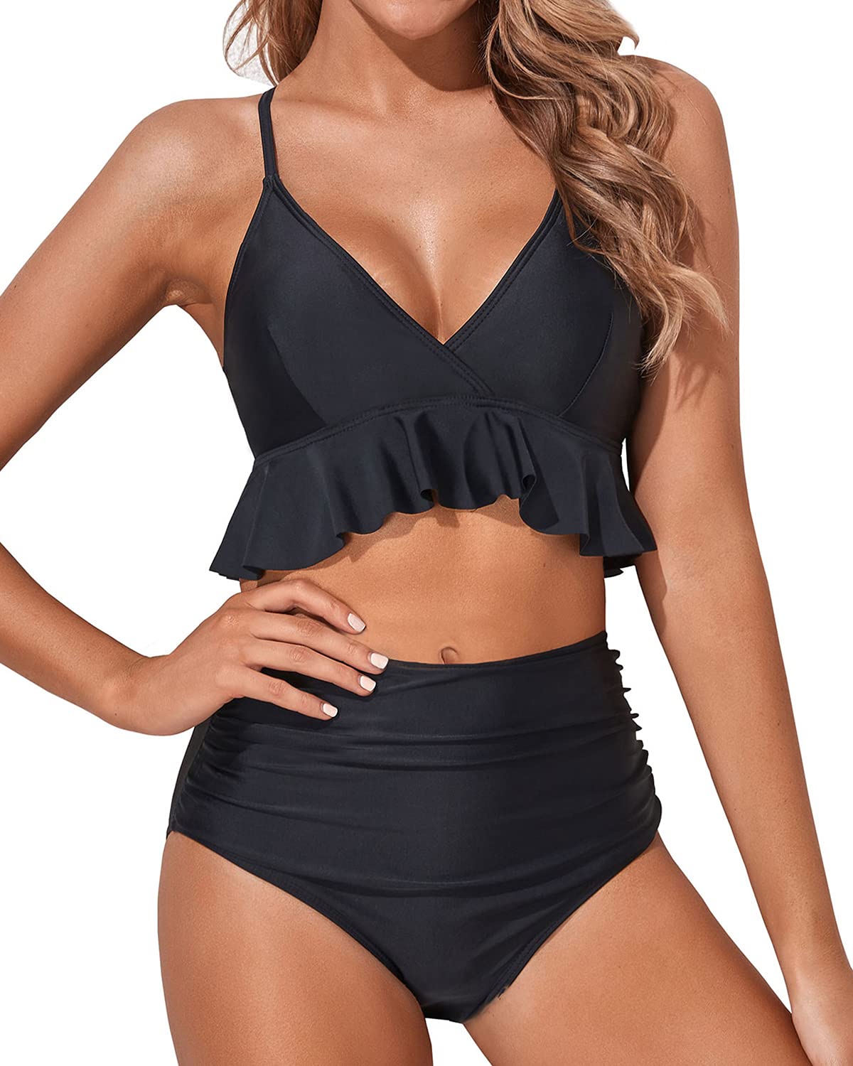 Tempt Me Women's High Waisted Bikini Set - Ruffle Flounce Two Piece Swimsuits with Tummy Control - Perfect for Beach Vacations, Pool Parties & Summer Getaways