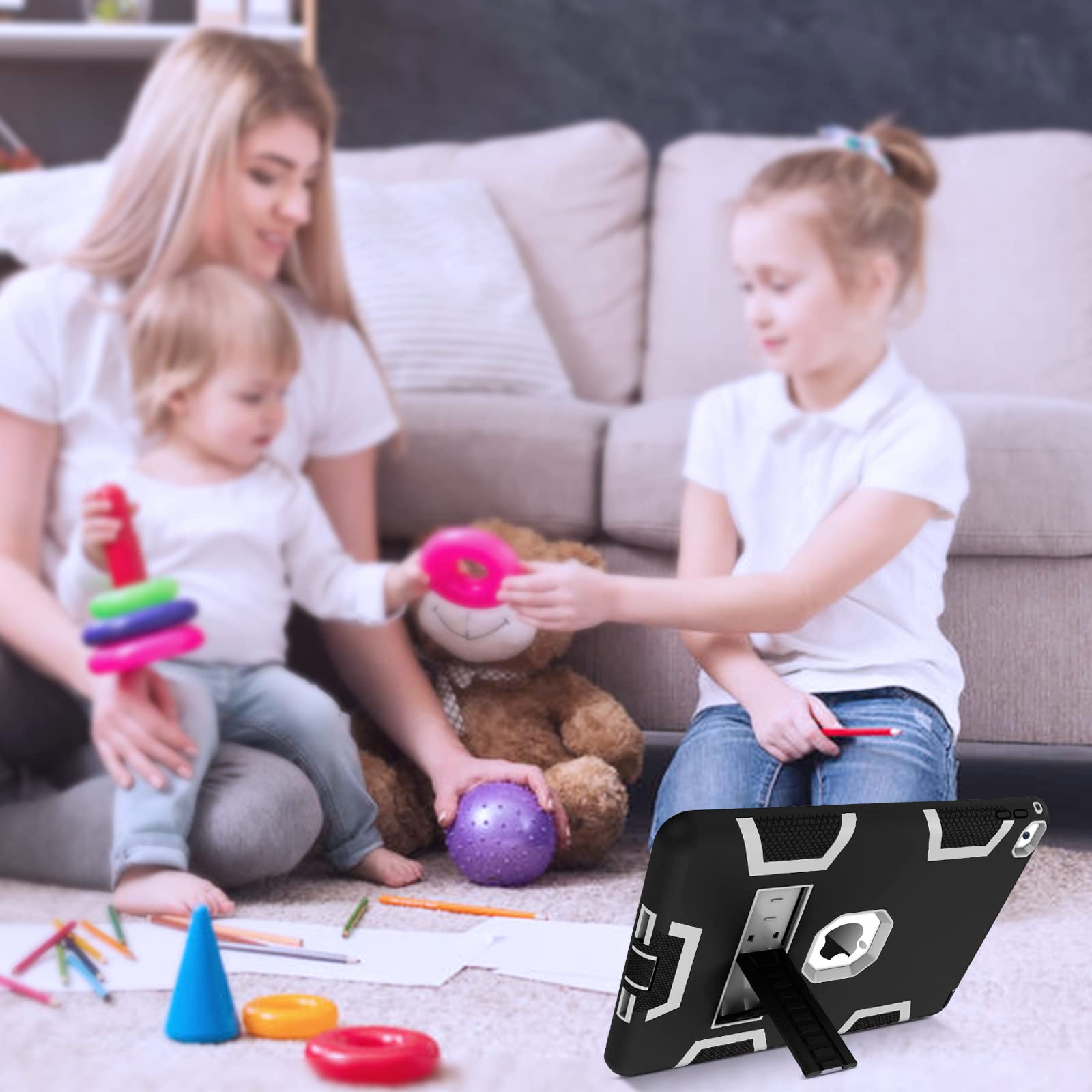 Shockproof iPad Air 2 Case (2nd Gen) - Heavy Duty 3-in-1 Protective Cover with Kickstand for A1566/A1567 (2014 Model) | Perfect for Kids, Women & Men | Ideal for School, Work & Travel (Black/Grey)