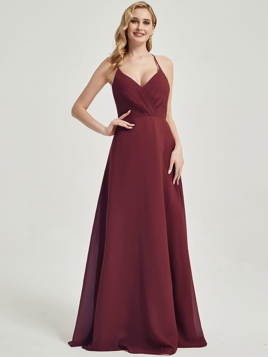 Elegant Burgundy Pleated Halter V-Neck Backless Maxi Chiffon Bridesmaid Dress for Wedding Party & Formal Events