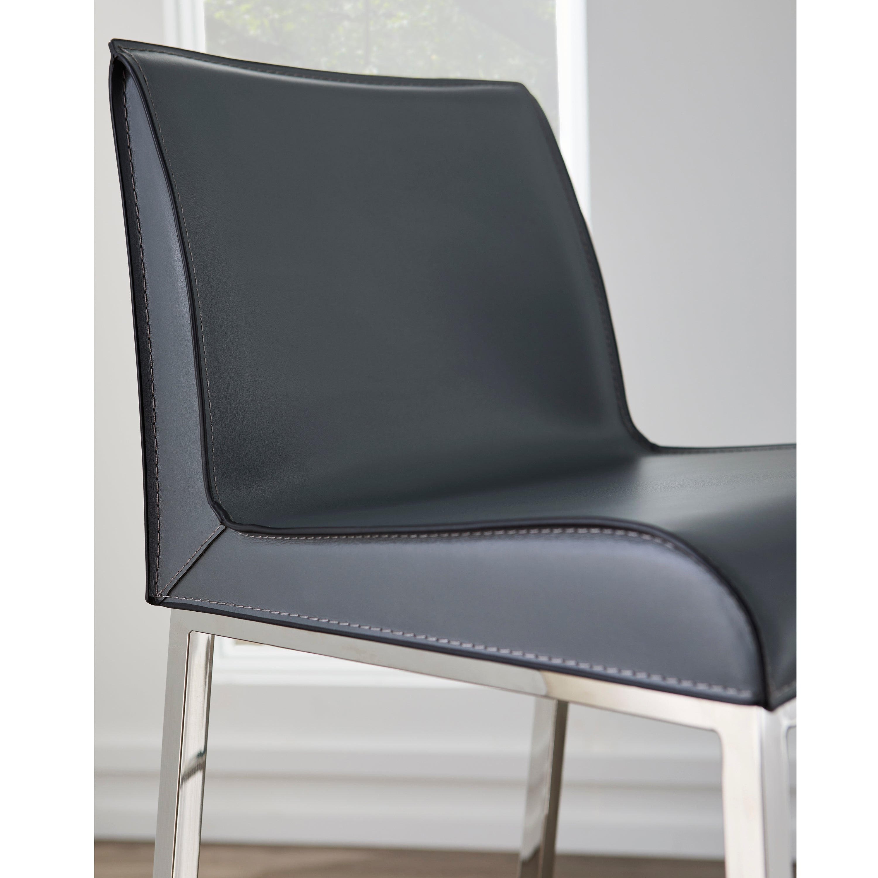 Gray Leather Cam B Bar Stool with Polished Stainless Steel Legs - Set of 2 - Modern Kitchen Counter & Home Bar Seating for Dining & Entertaining