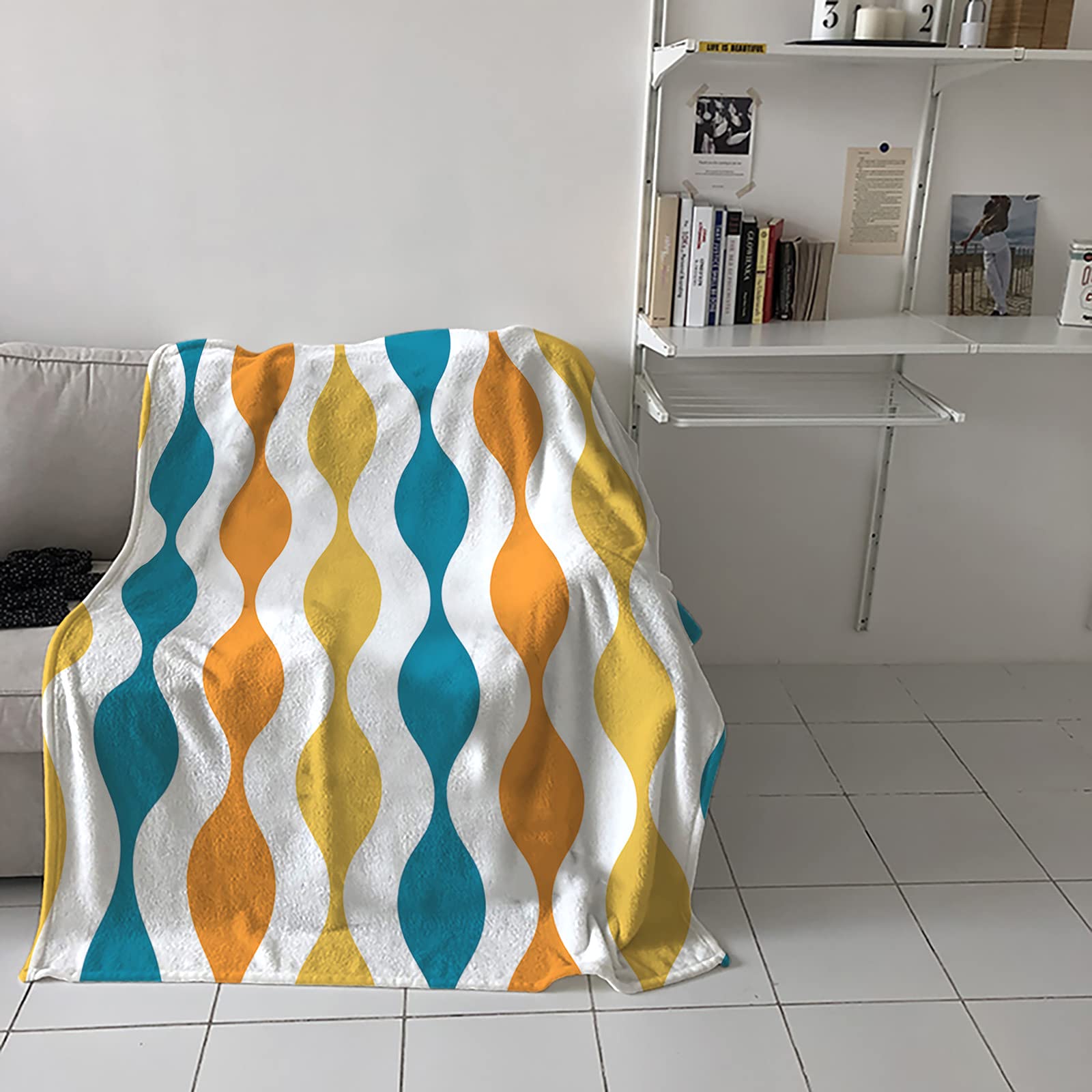 Soft Flannel Fleece Throw Blanket - Yellow Turquoise Stripes for Sofa & Bed | Cozy Home Decor