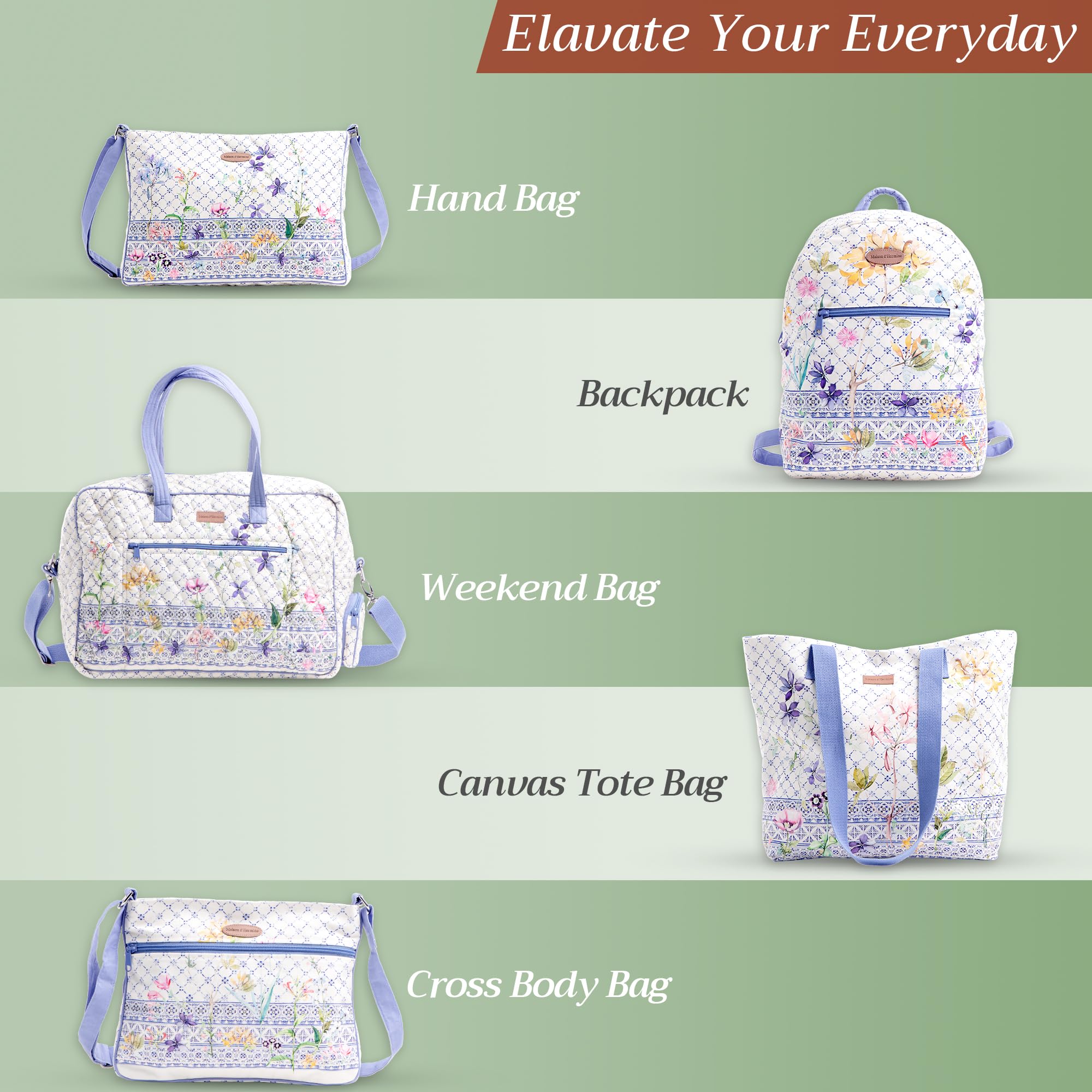 Maison d'Hermine Quilted Cotton Tote Bag with Zipper Pockets & Detachable Pouch - Stylish Work Bag, Travel Tote & Grocery Shopping Bag for Women