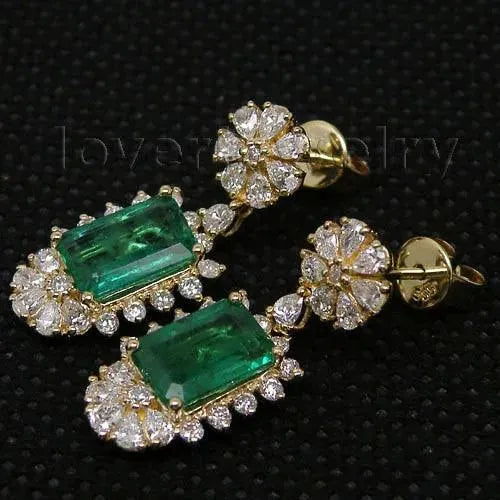 14K Yellow Gold Natural Emerald & Diamond Drop Earrings for Women | 585 Gold Fine Jewelry | Elegant Party & Wedding Gift for Her