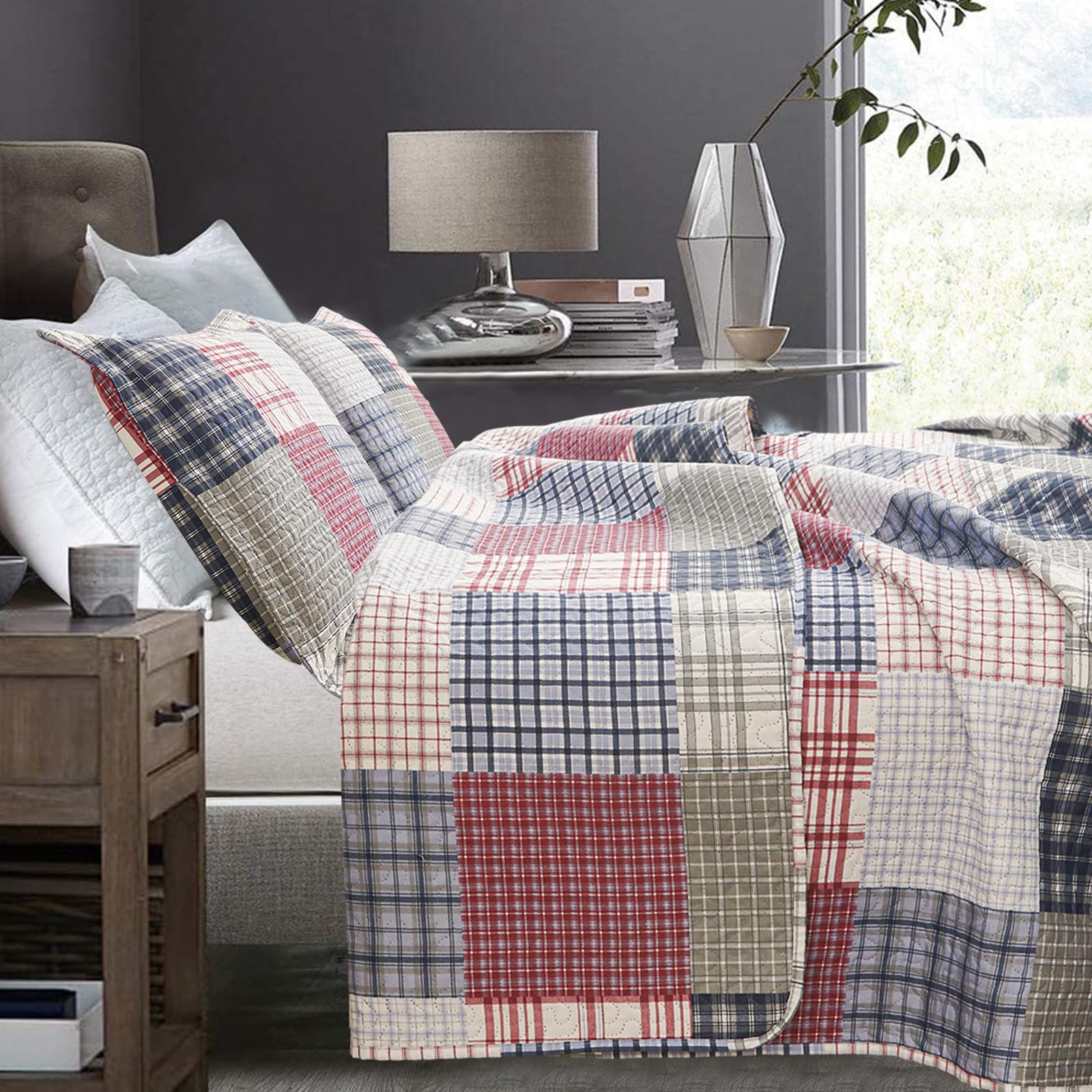 **King Size Plaid Quilt Set - Reversible Red Blue White Patchwork Bedspread Coverlet | Soft Microfiber Lightweight All-Season Bedding for Boys & Men | Perfect for Bedrooms, Dorms, and Guest Rooms**