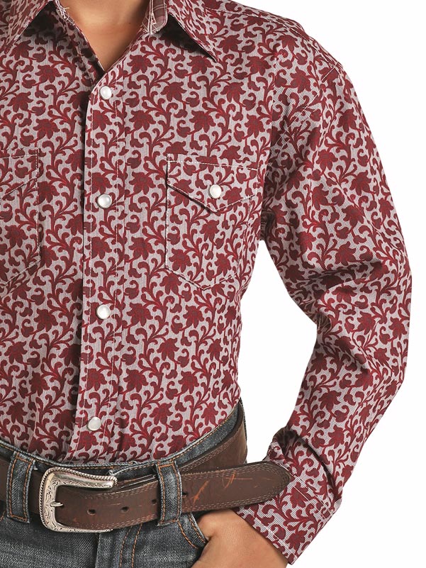 Panhandle C0S1614 Kids Long Sleeve Western Snap Shirt - Maroon Plaid Print Shirt for Boys & Girls - Perfect for Rodeo, Cowboy Parties & Western-Themed Events