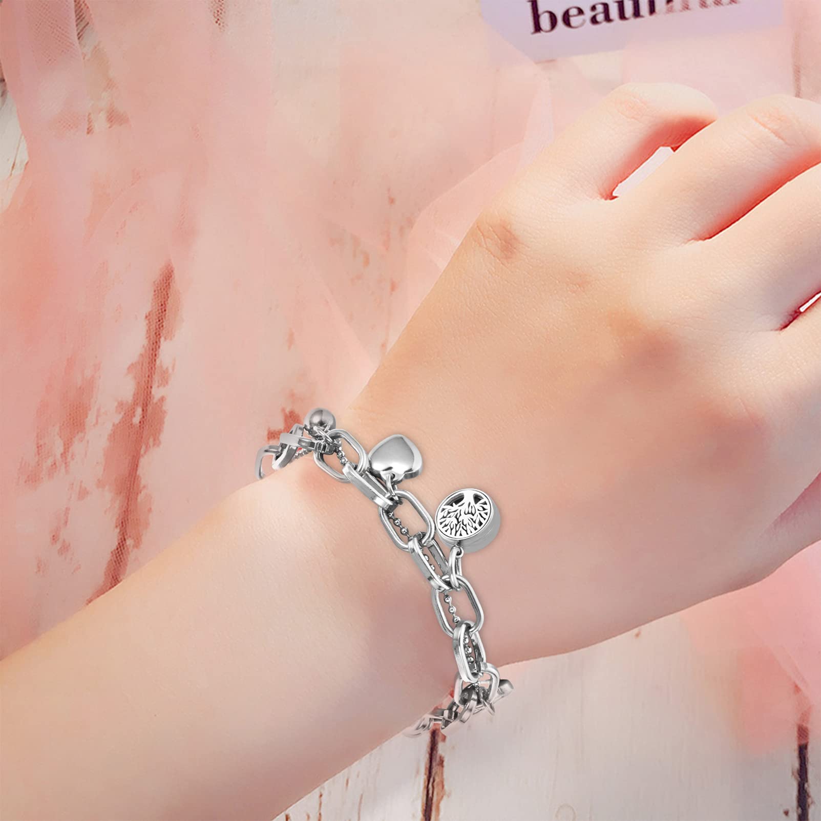 Aromatherapy Bracelet Set - Hollow Heart Pendant Wristband for Women, Stylish Hip Hop Fashion Jewelry Gift for Daily Wear, Yoga, Meditation & Relaxation