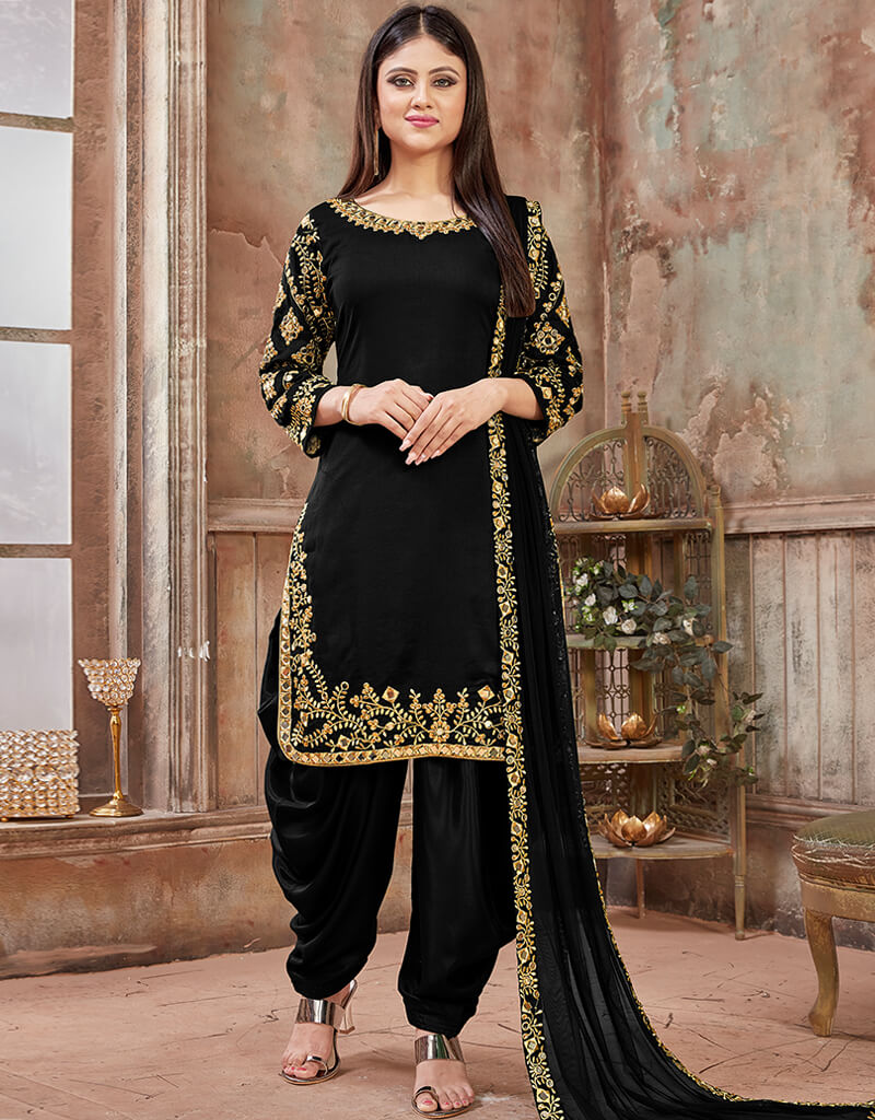 Elegant Black Art Silk Patiyala Suit for Women - Traditional Indian Ethnic Wear for Parties, Weddings & Festive Occasions