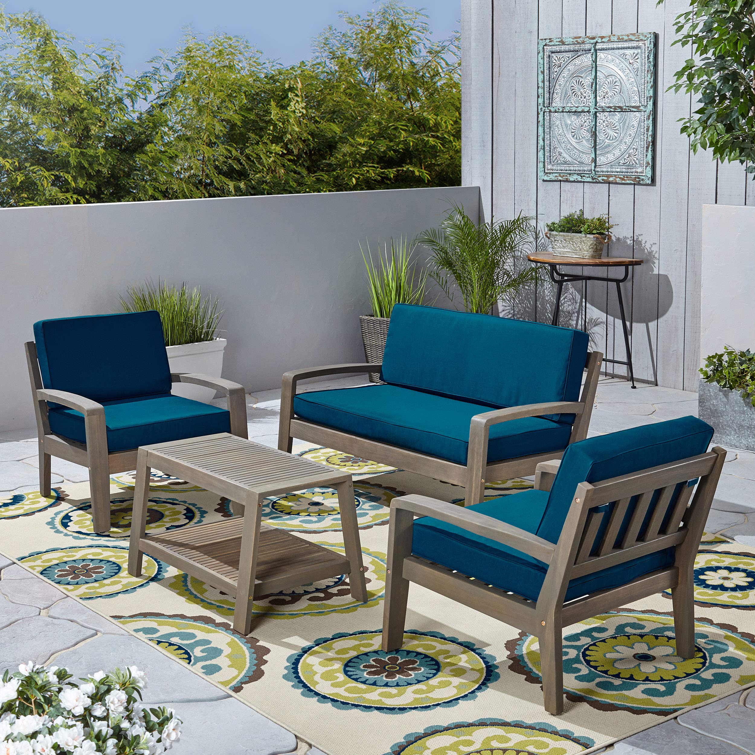 GDFStudio 4-Piece Patio Conversation Set with Coffee Table - Acacia Wood, Gray Finish & Teal Cushions - Outdoor Furniture for Garden, Deck, Poolside - Perfect for Entertaining & Relaxing