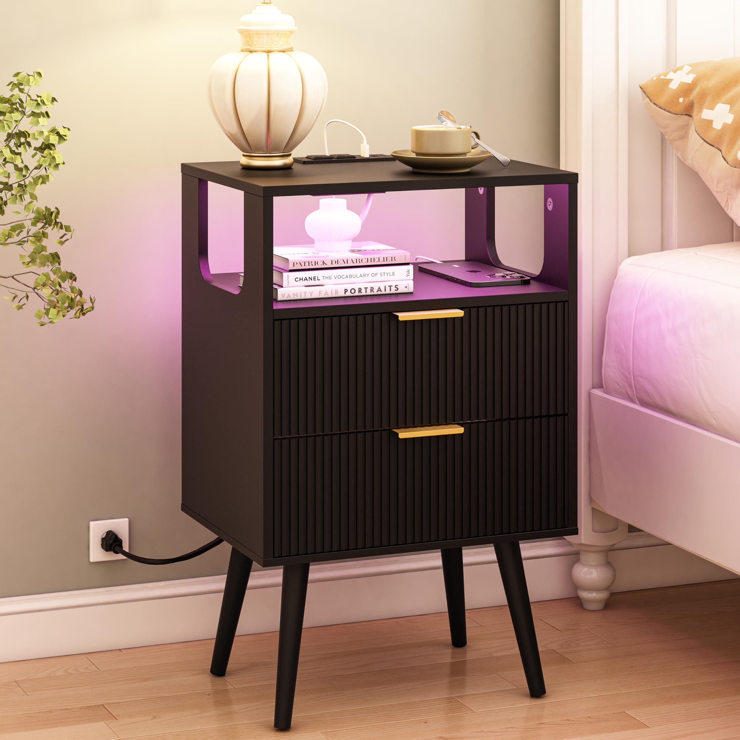 Modern Black Nightstand with USB Charging Station & LED Lights - Bedside Table with 2 Storage Drawers & Open Shelf - Solid Wood Legs for Bedroom, Living Room & Small Spaces - Perfect for Charging Devices & Nighttime Reading