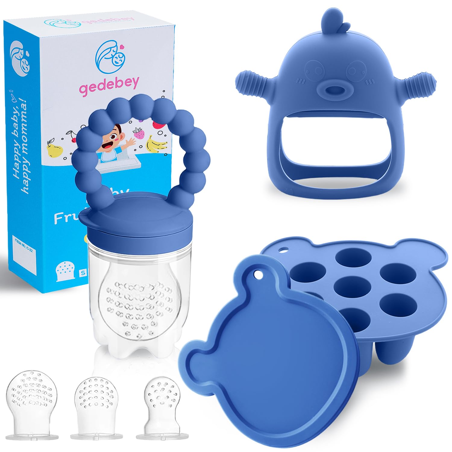 Baby Fruit Feeder Pacifier - 3 Pack Set with Mesh Feeder, Teething Toys & Popsicle Molds | Safe Silicone Teether for Breastmilk & Baby Food | BPA-Free Infant Feeding Essentials | Perfect for Soothing Sore Gums & Introducing Solids | Steel Blue