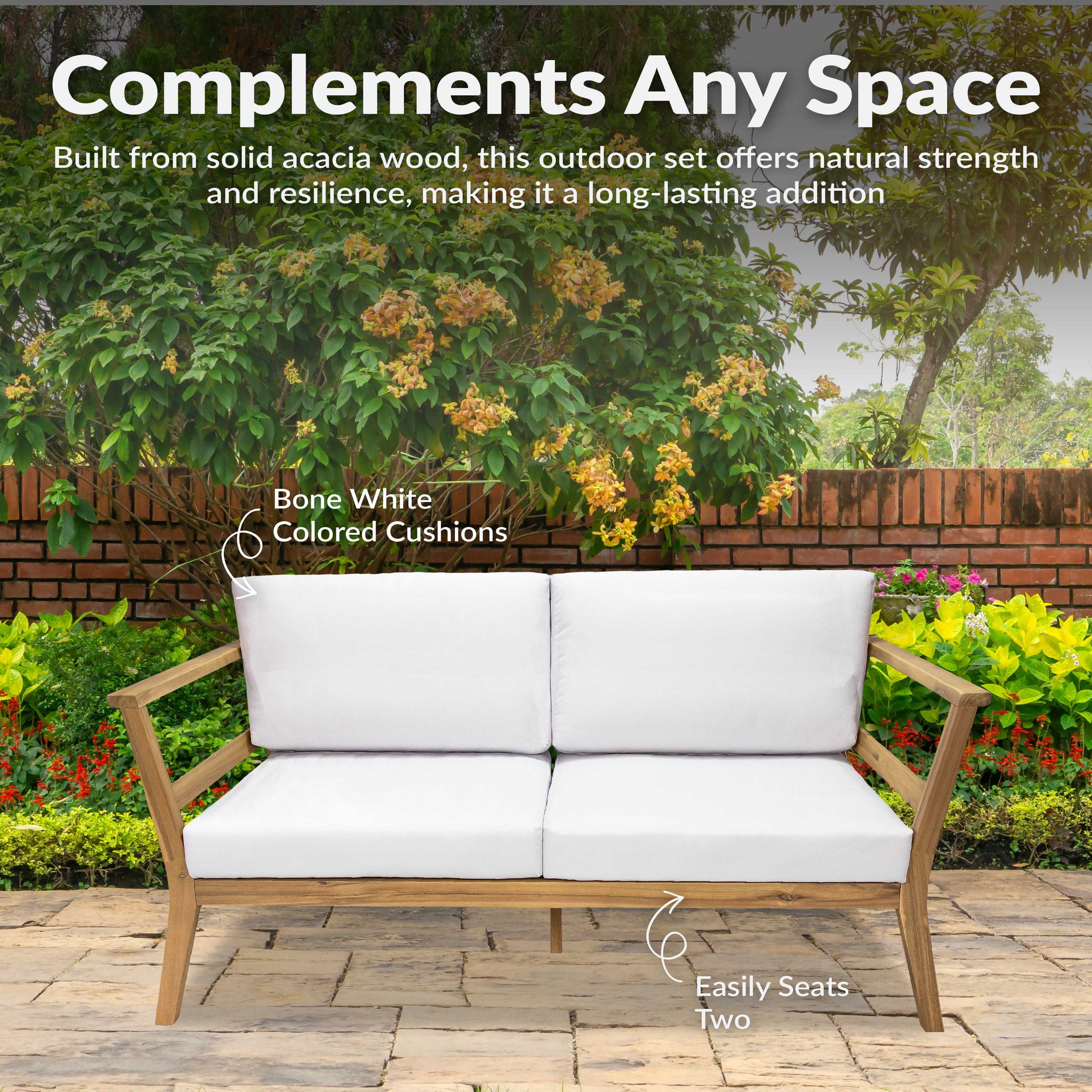 Acacia Wood Patio Loveseat - 2 Seater Outdoor Sofa with Cushions by Sunnydaze | Perfect for Backyard, Garden & Poolside Relaxation