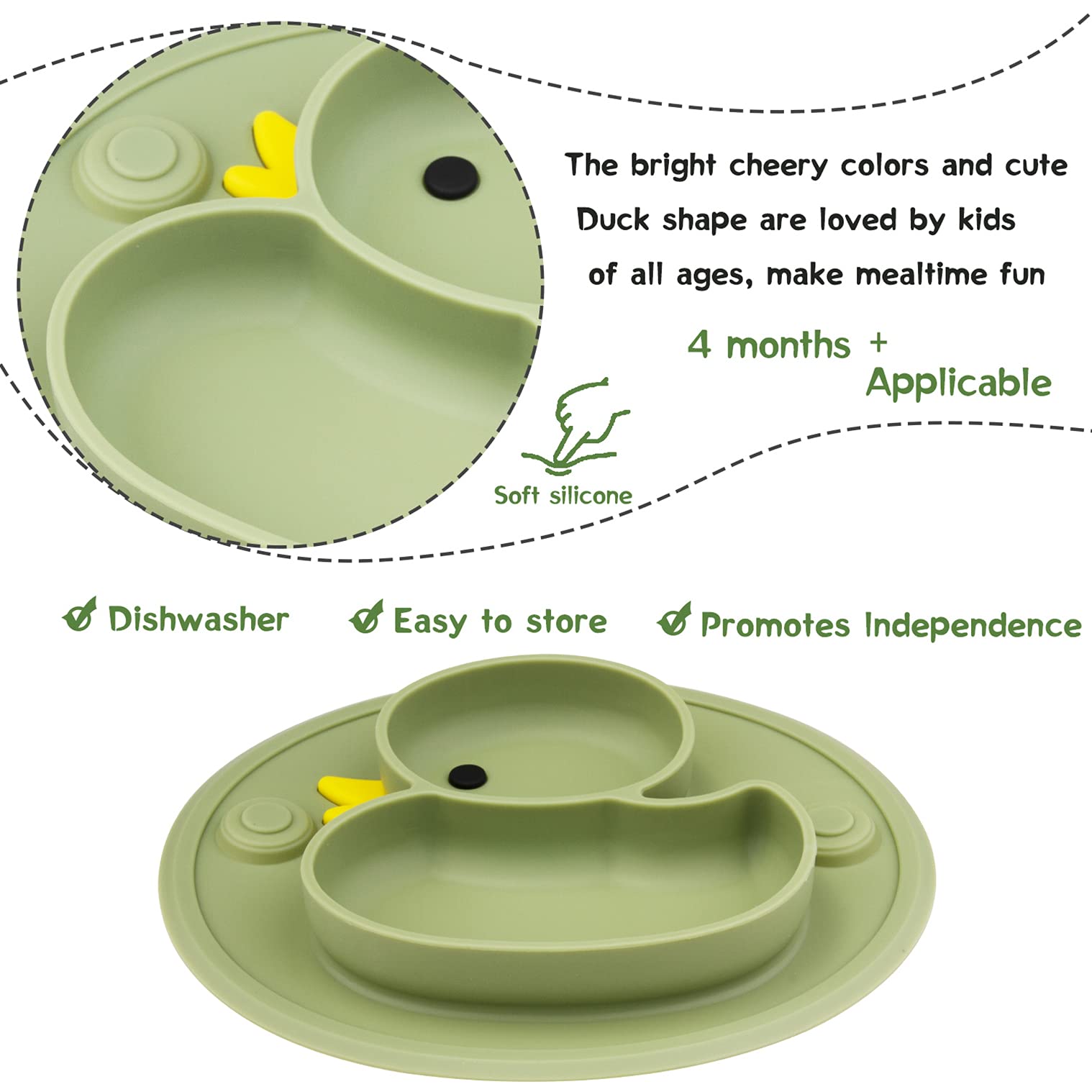 Non-Slip Silicone Divided Baby Plate with Suction Base | BPA-Free, Microwave & Dishwasher Safe | Portable Feeding Tray for Infants, Toddlers & Kids | Perfect for Highchair, Travel & Mess-Free Meals (Duck-Endive Design)