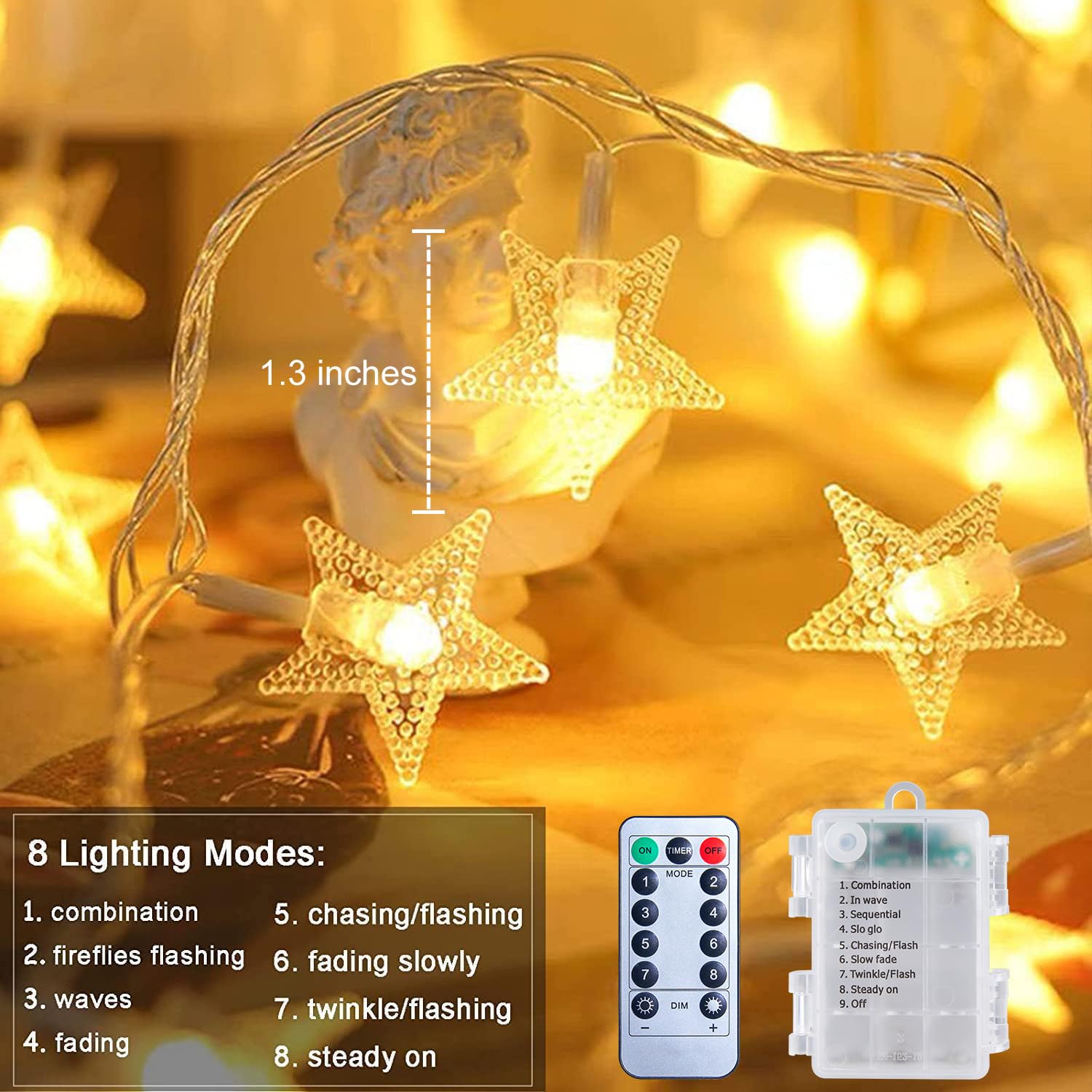 Brightown 50 LED Star String Lights - 17 ft Battery Operated Fairy Lights with Remote & Timer, 8 Lighting Modes, Waterproof for Indoor Outdoor Use - Perfect for Bedroom, Tent, Loft, Patio, Wedding & Party Decor (Warm White)