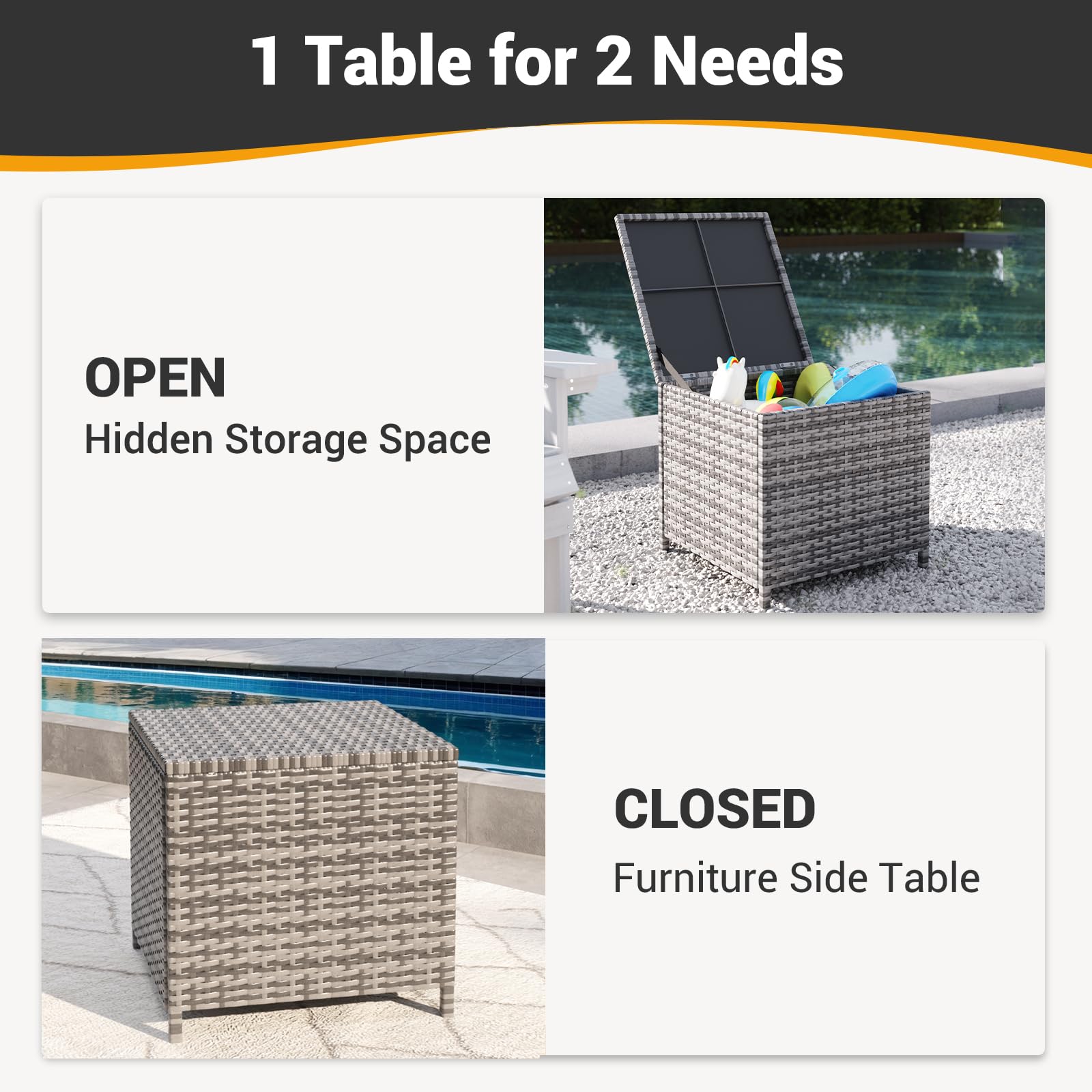 UDPATIO Outdoor Wicker Side Table with Storage - Rattan End Table, Small Resin Square Coffee Table for Patio, Backyard, Pool - Perfect for Storing Furniture Covers, Toys & Gardening Tools (Grey) - Ideal for Outdoor Relaxation, Entertaining & Poolside Use