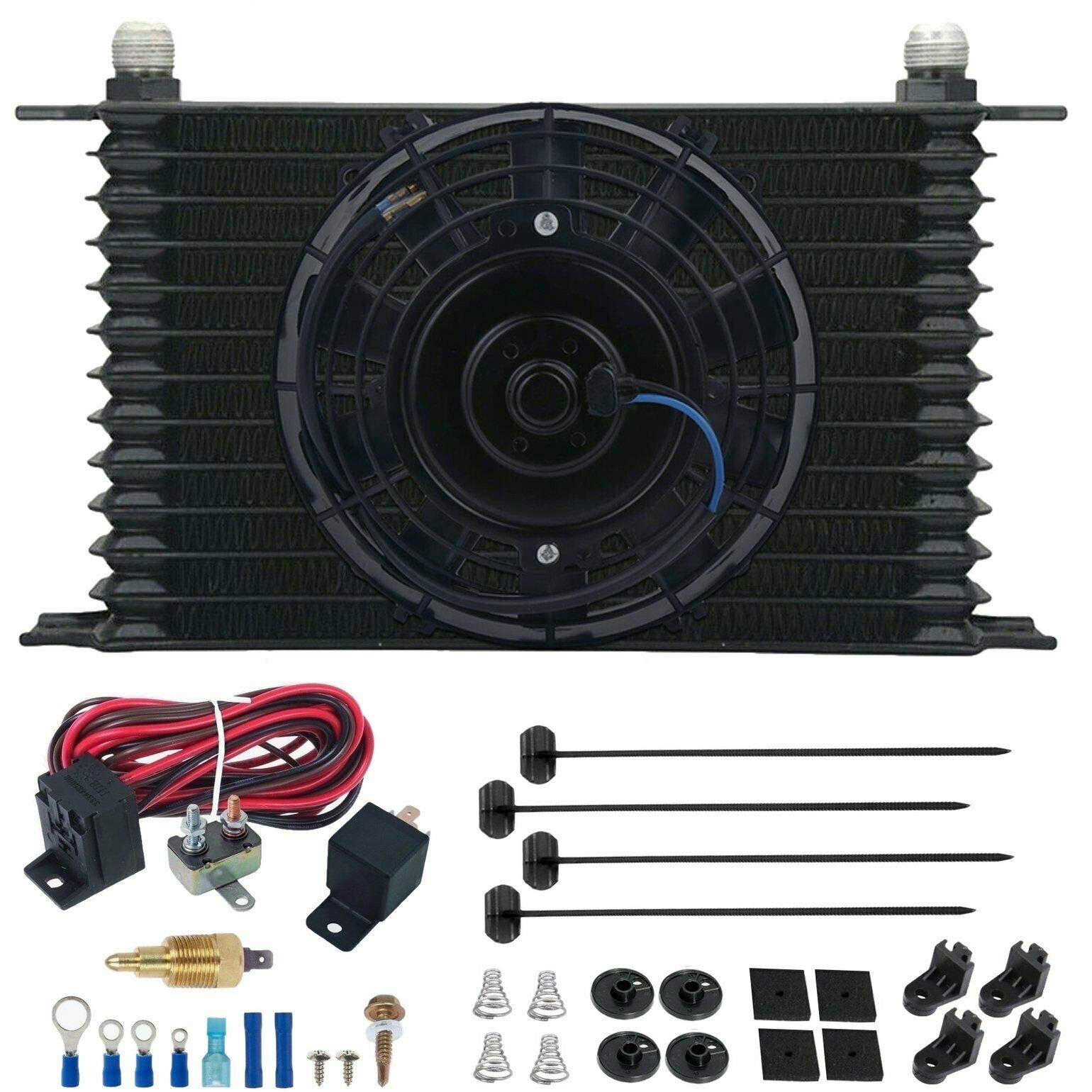 13 Row Aluminum 10AN Fittings Engine Transmission Oil Cooler Kit with Electric Fan, 3/8