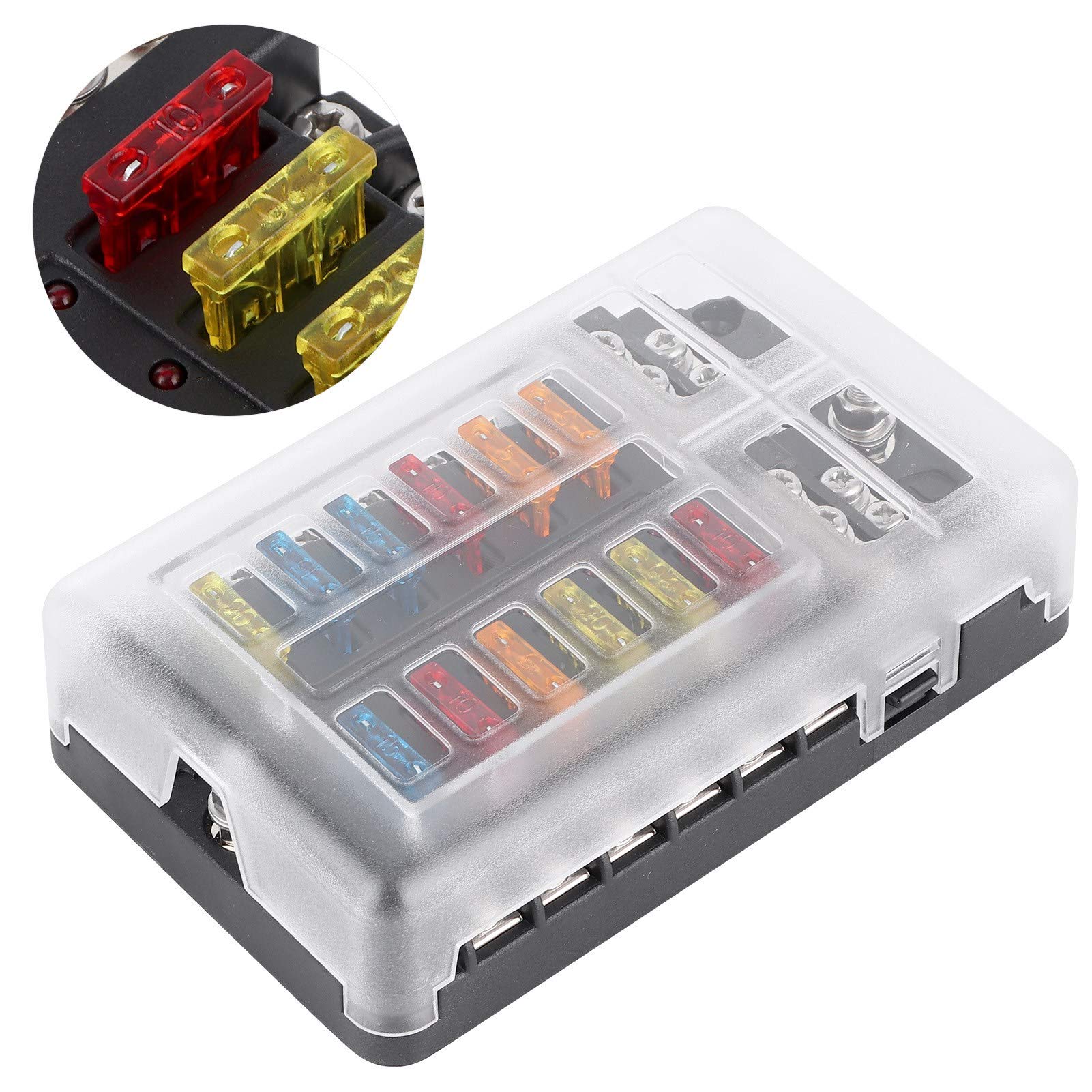 12 Circuit Fuse Block Holder with LED Indicator - Waterproof Blade Fuse Box for Cars, Yachts, Marine Boats & RVs - Perfect for Automotive Electrical Systems and Marine Applications