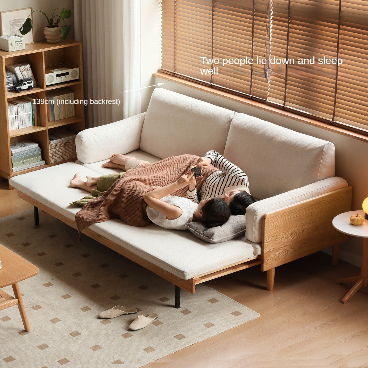 Oak Solid Wood Sofa Bed with Folding White Goose Feather Cushions - Convertible Sleeper for Small Spaces & Guest Rooms