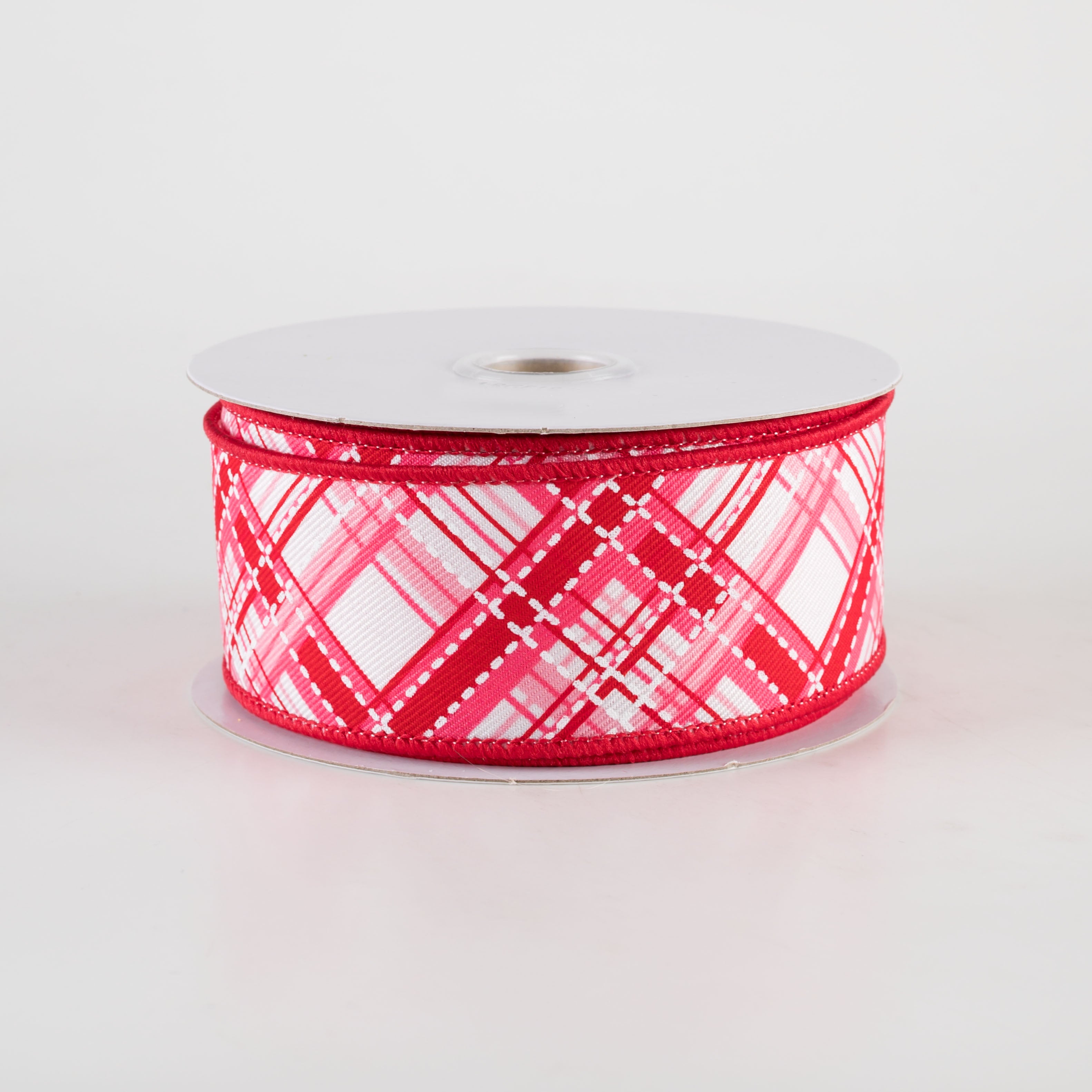 1.5 Inch Diagonal Dash Plaid Ribbon - 10 Yards Bulk Roll for Gift Wrapping, Crafts & DIY Projects (White, Pink, Red) - Perfect for Christmas, Valentine's Day & Party Decorations