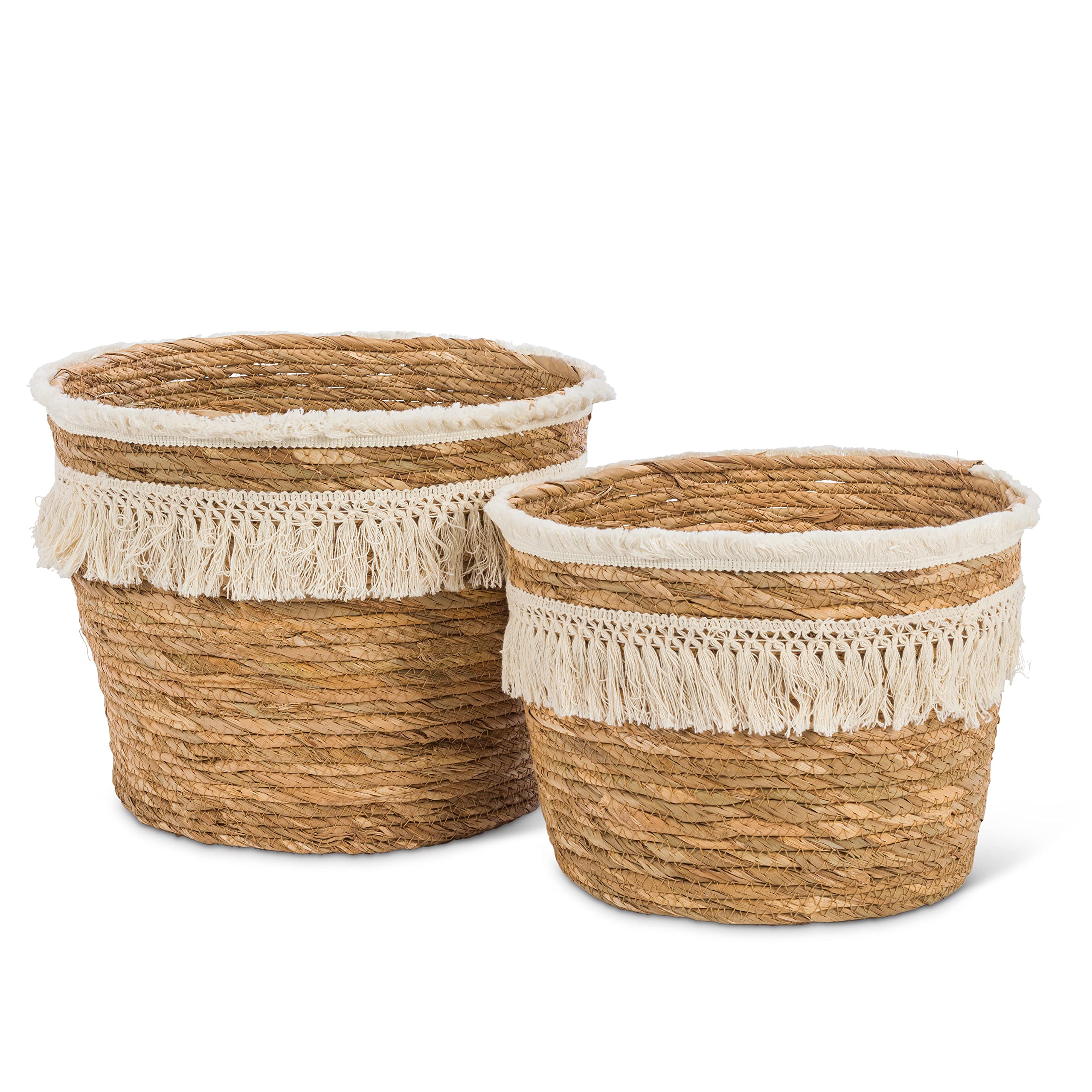 Abbott Collection Set of 2 Natural Woven Baskets with Fringe - Boho Home Decor for Living Room, Bedroom Storage & Farmhouse Style Organizing
